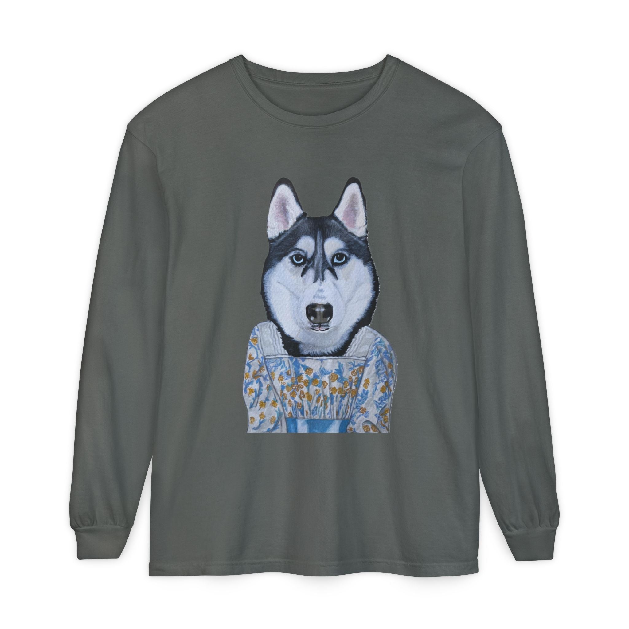 Husky Wearing Jane Austen Style Dress Long Sleeve T-Shirt, Animal Lover Gift, Dog-Themed Apparel, Casual Wear, Winter Fashion