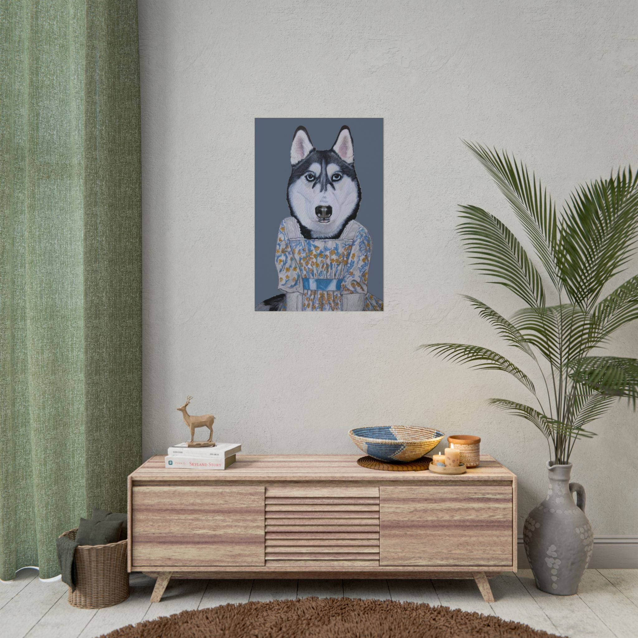 Funny Husky Wearing Jane Austen Style Regency Era-Inspired Dress Wall Poster - Dark Gray Background