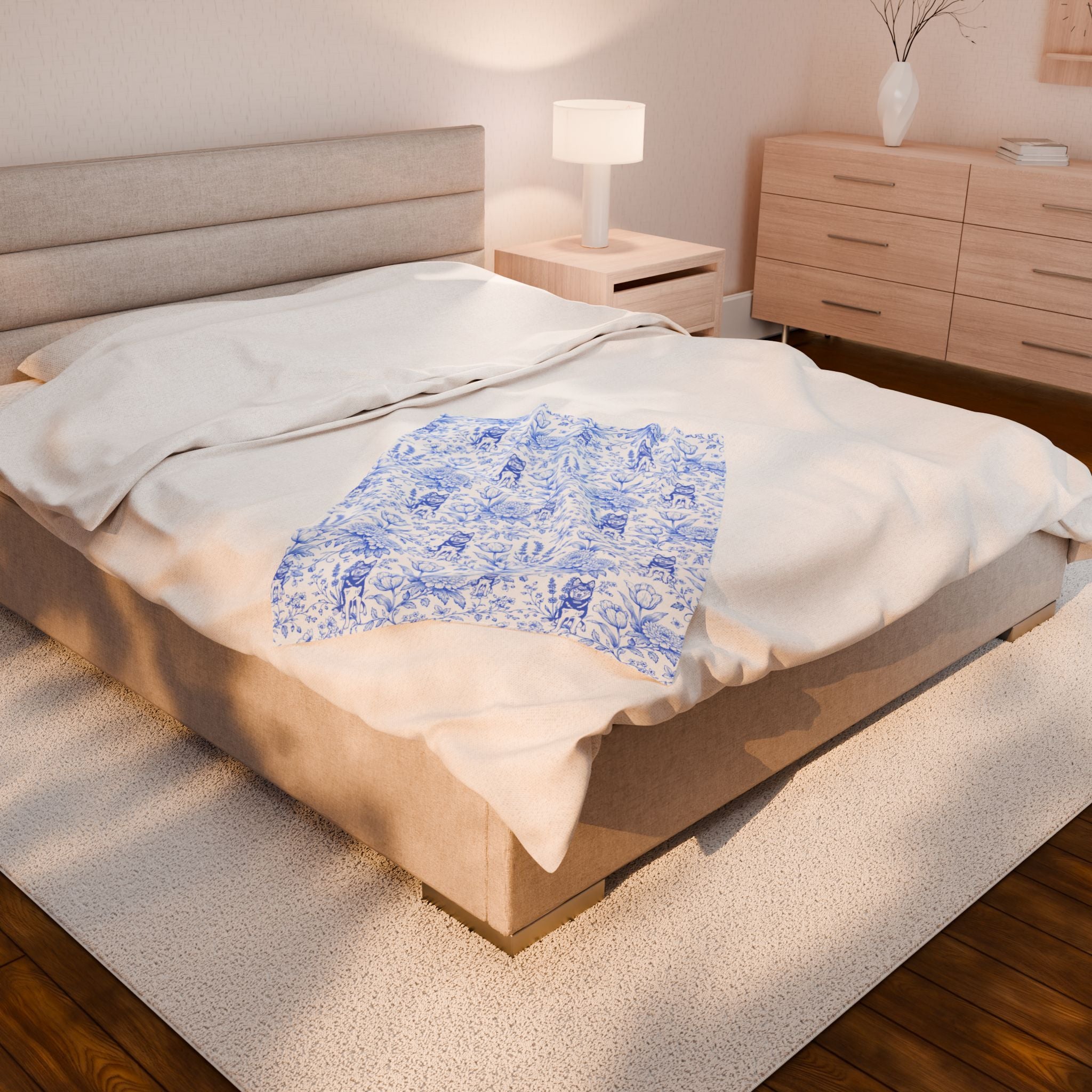 Blue Floral Husky Velveteen Plush Blanket | French Toile Dog Pattern