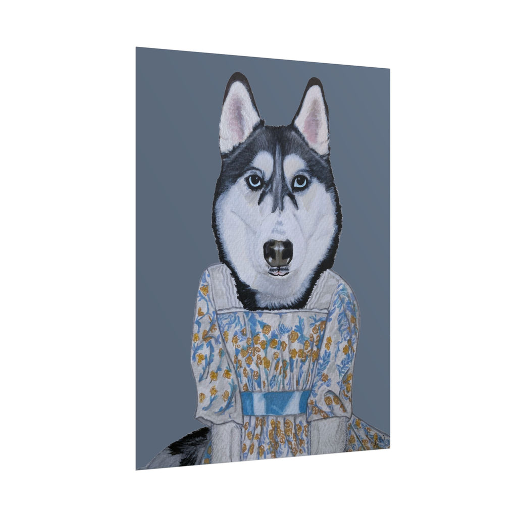 Funny Husky Wearing Jane Austen Style Regency Era-Inspired Dress Wall Poster - Dark Gray Background