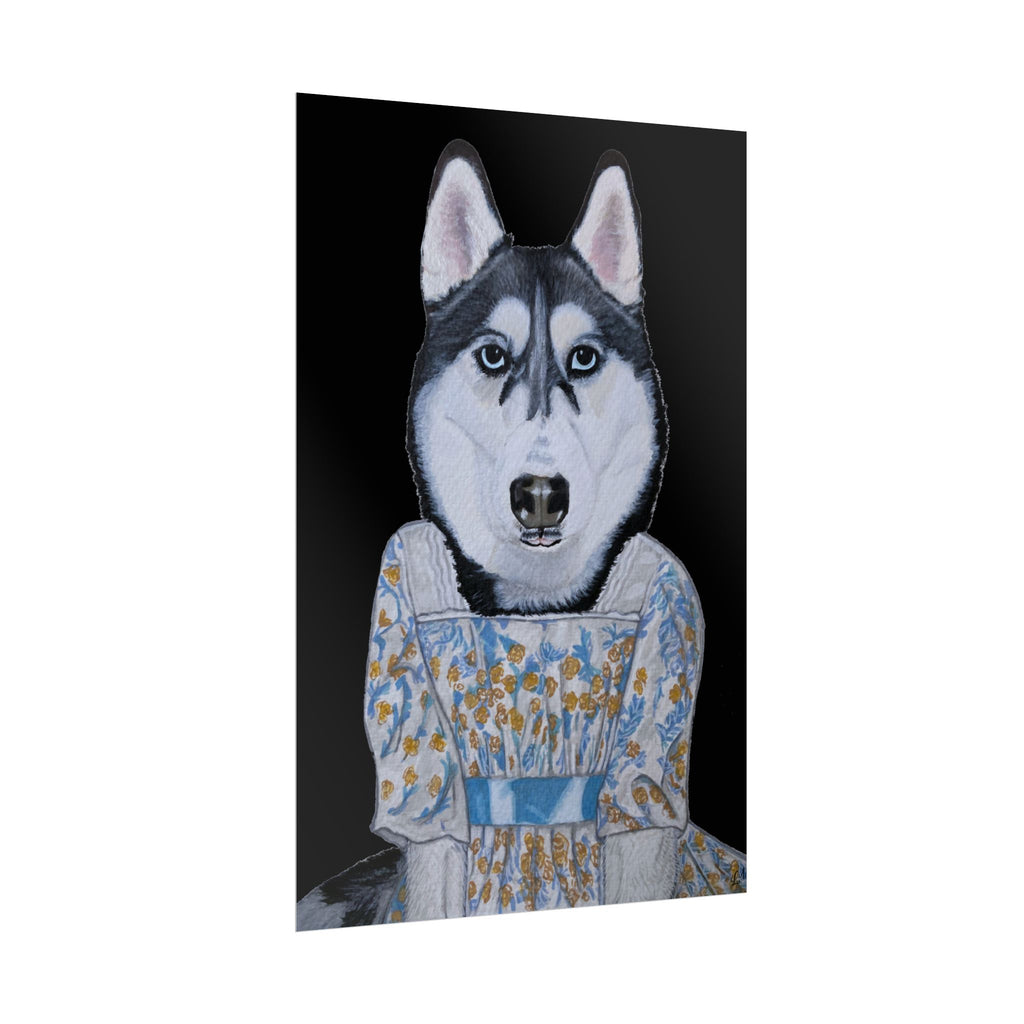 Funny Husky Wearing Jane Austen Style Regency Era-Inspired Dress Wall Poster - Black Background