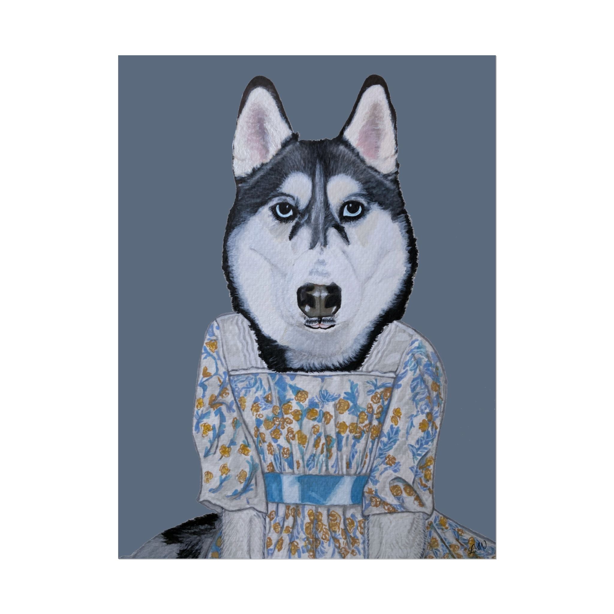 Funny Husky Wearing Jane Austen Style Regency Era-Inspired Dress Wall Poster - Dark Gray Background