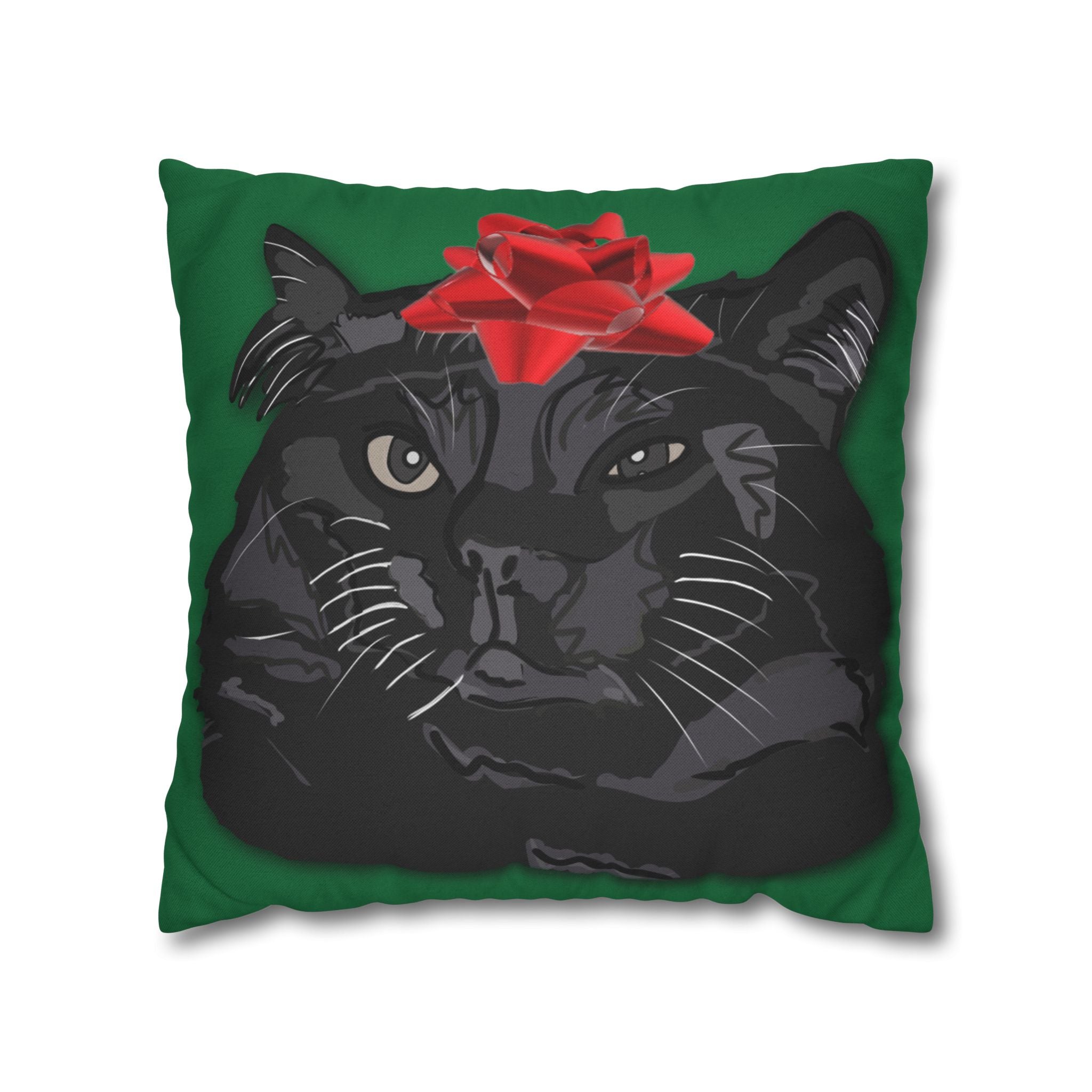 Black Cat with Red Bow Pillowcase - Green Background | Spun Polyester Square Pillowcase