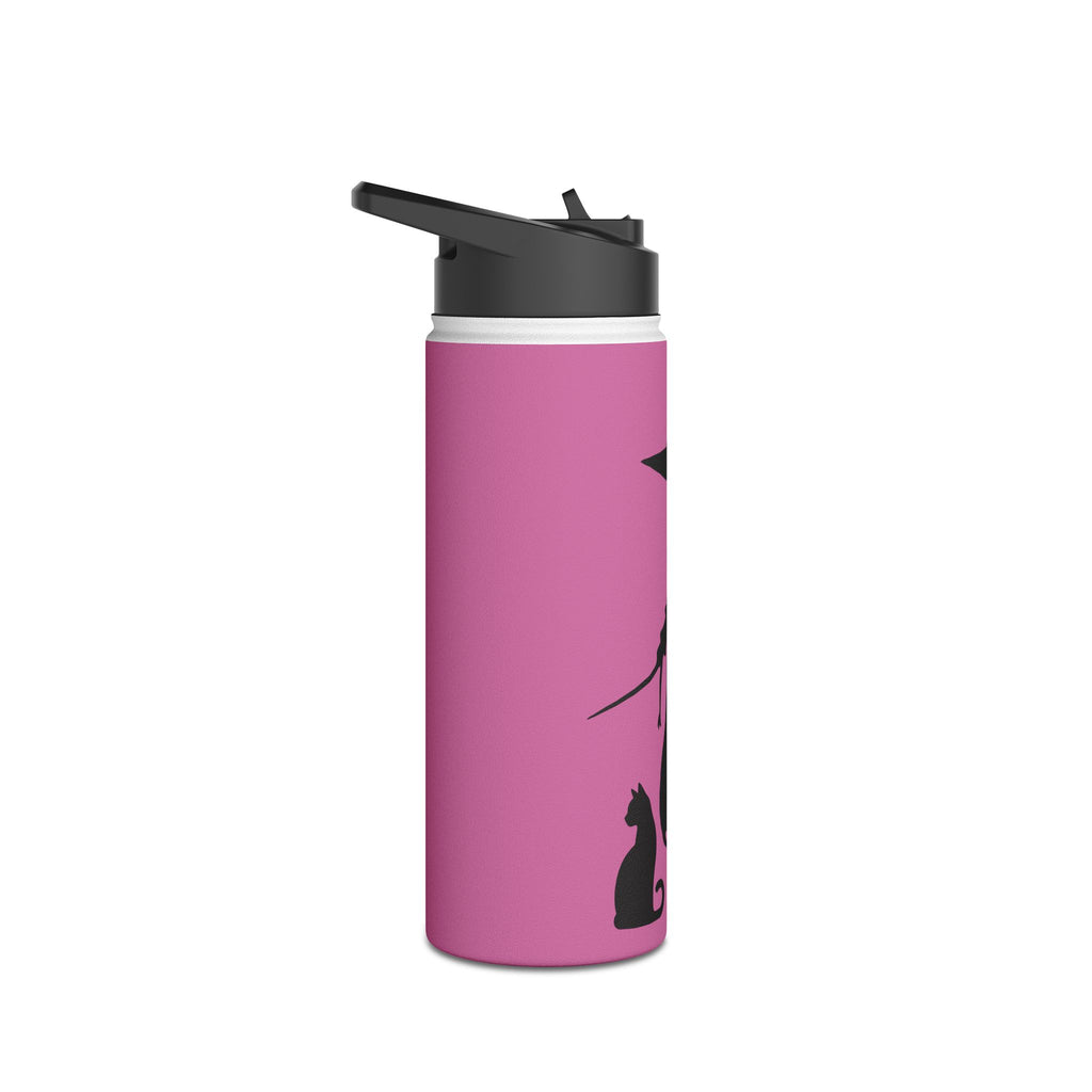 Elegant Witch and Black Cat Stainless Steel Water Bottle - Personalized Pink Travel Mug with Black Silhouettes