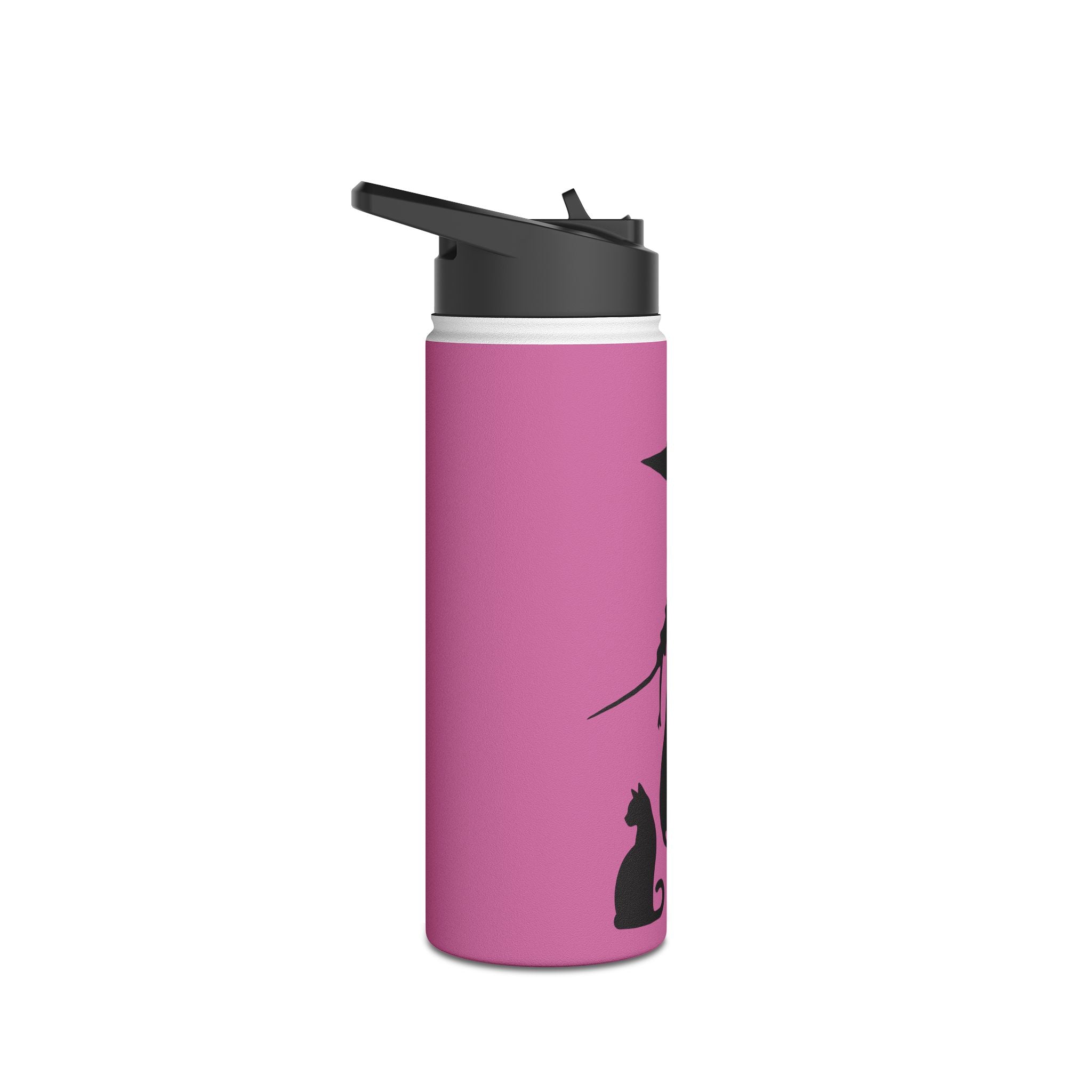 Elegant Witch and Black Cat Stainless Steel Water Bottle - Personalized Pink Travel Mug with Black Silhouettes