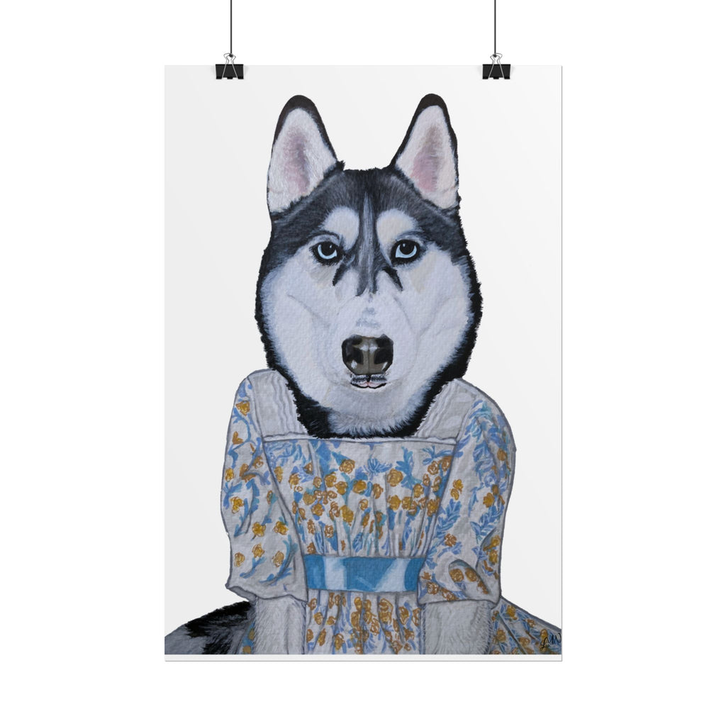 Funny Husky Wearing Jane Austen Style Regency Era-Inspired Dress Wall Poster - White Background