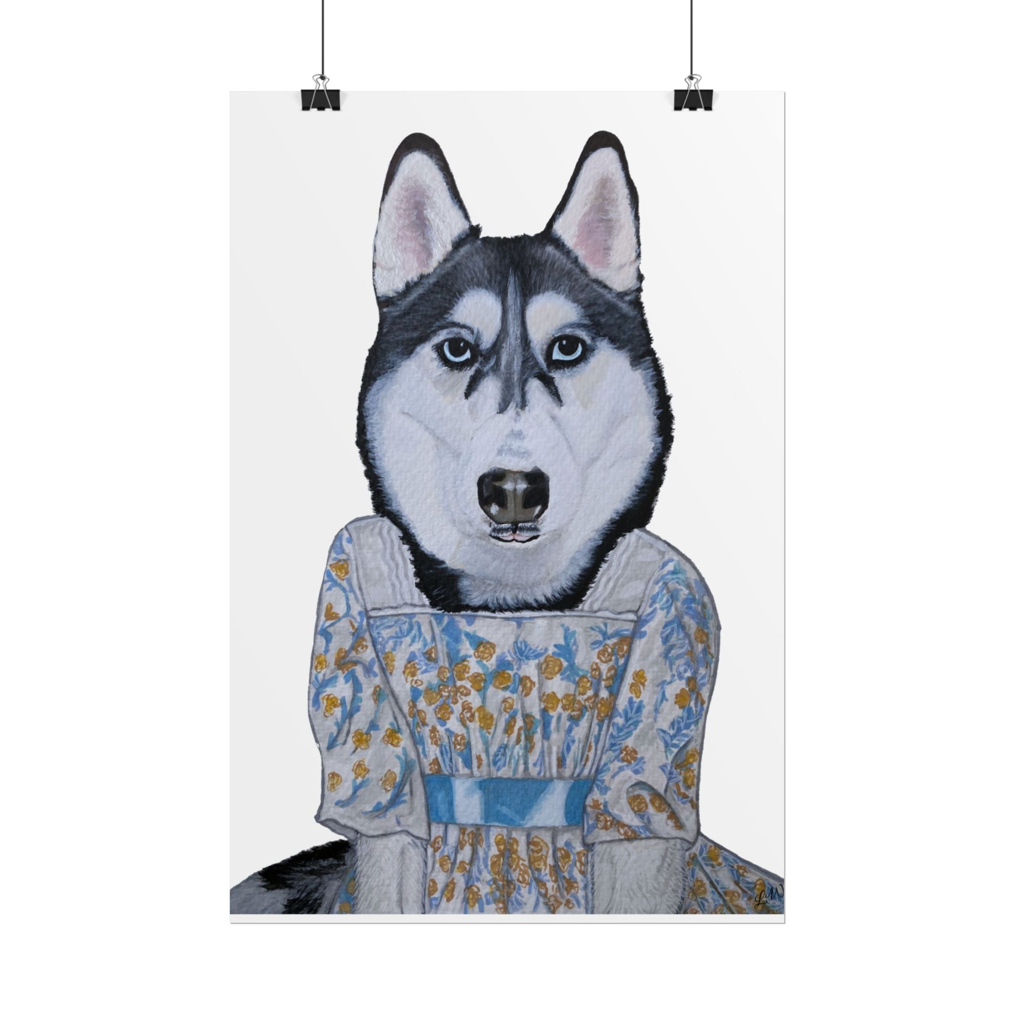 Funny Husky Wearing Jane Austen Style Regency Era-Inspired Dress Wall Poster - White Background