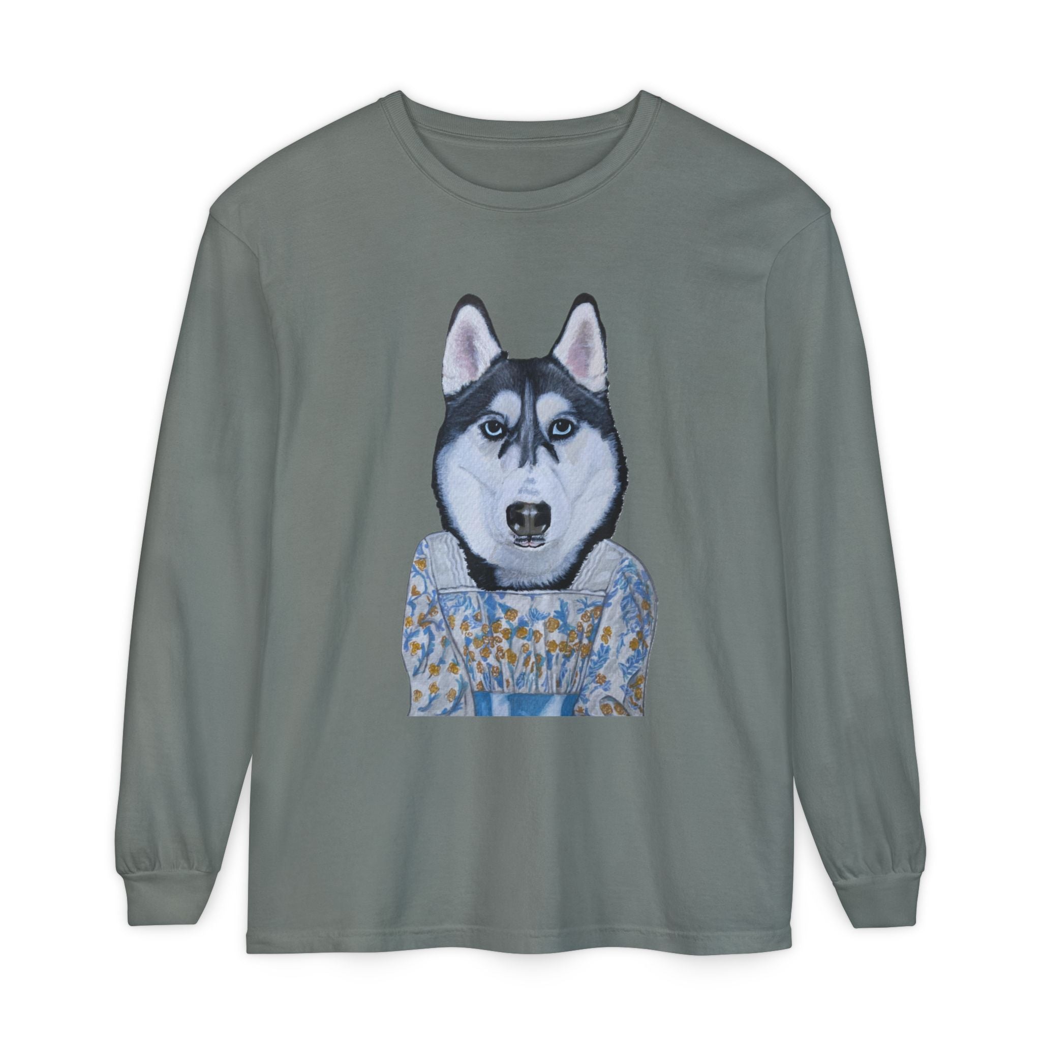 Husky Wearing Jane Austen Style Dress Long Sleeve T-Shirt, Animal Lover Gift, Dog-Themed Apparel, Casual Wear, Winter Fashion