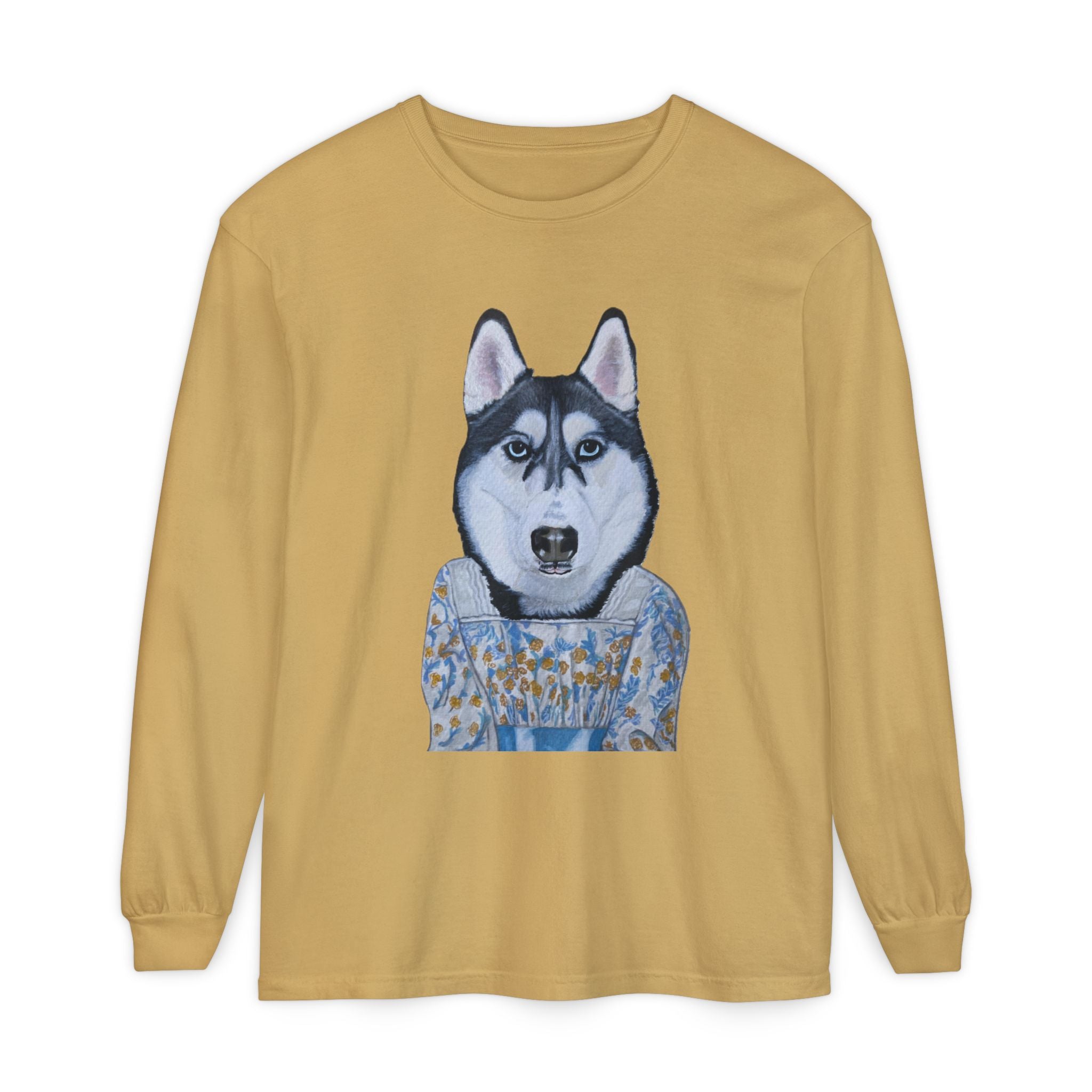 Husky Wearing Jane Austen Style Dress Long Sleeve T-Shirt, Animal Lover Gift, Dog-Themed Apparel, Casual Wear, Winter Fashion