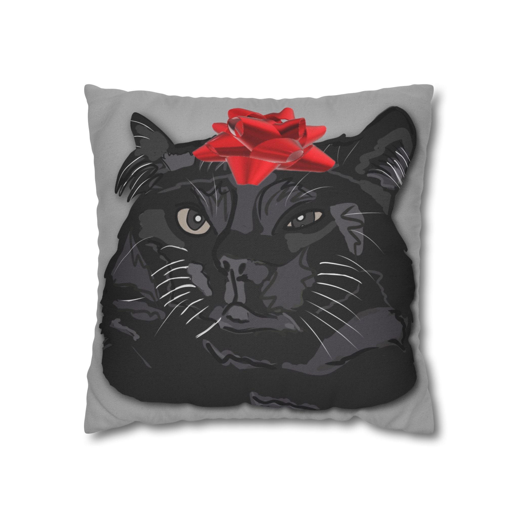 Black Cat with Red Bow Pillowcase - Gray Background | Spun Polyester Square Pillowcase