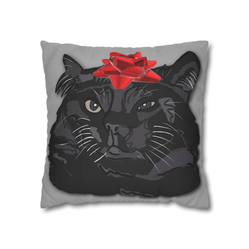 Black Cat with Red Bow Pillowcase - Gray Background | Spun Polyester Square Pillowcase