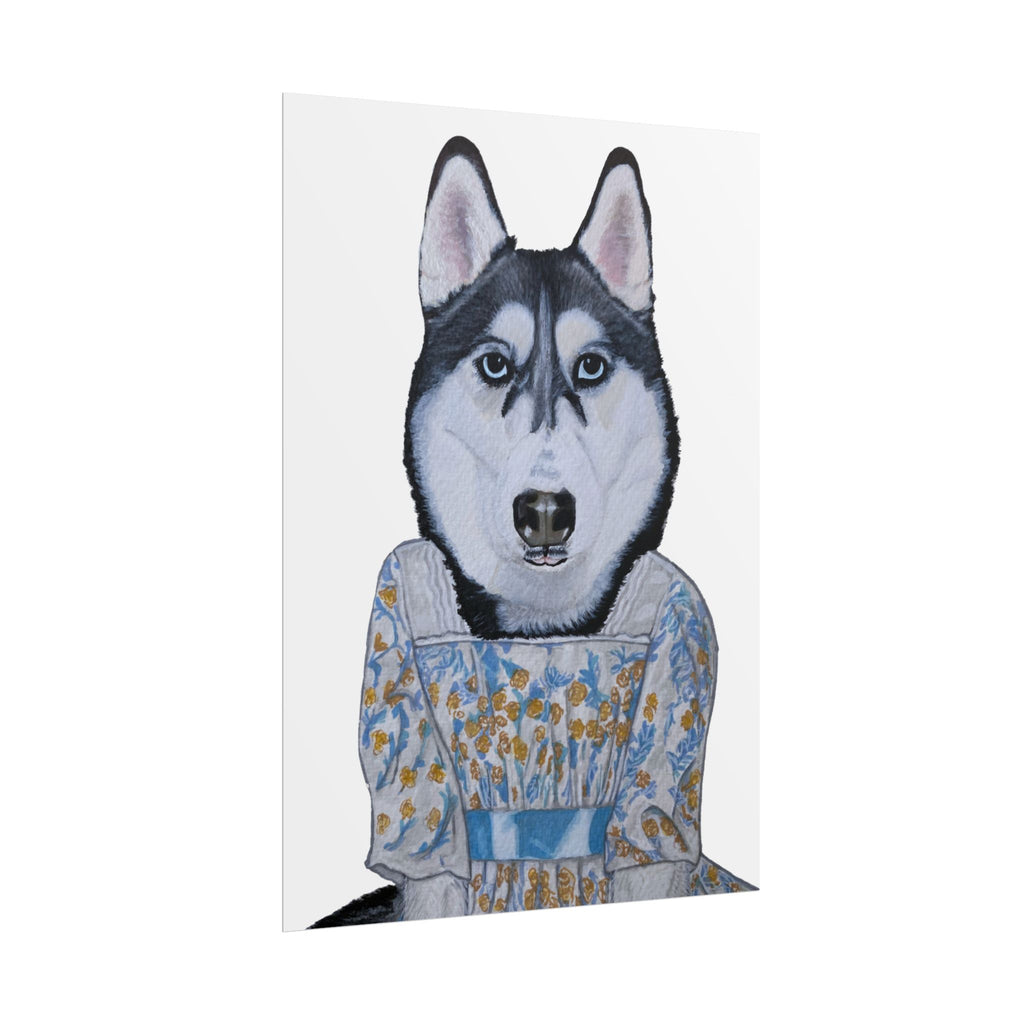 Funny Husky Wearing Jane Austen Style Regency Era-Inspired Dress Wall Poster - White Background