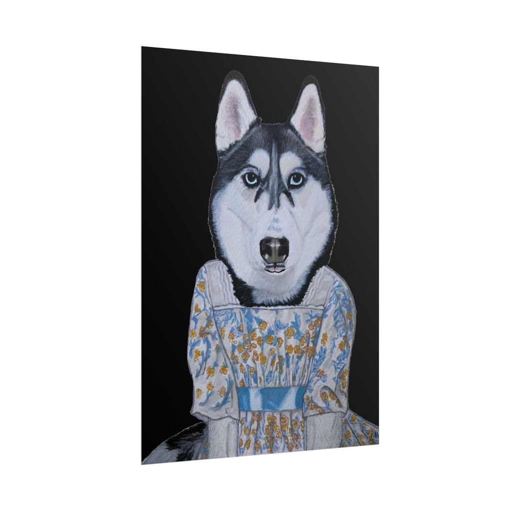 Funny Husky Wearing Jane Austen Style Regency Era-Inspired Dress Wall Poster - Black Background