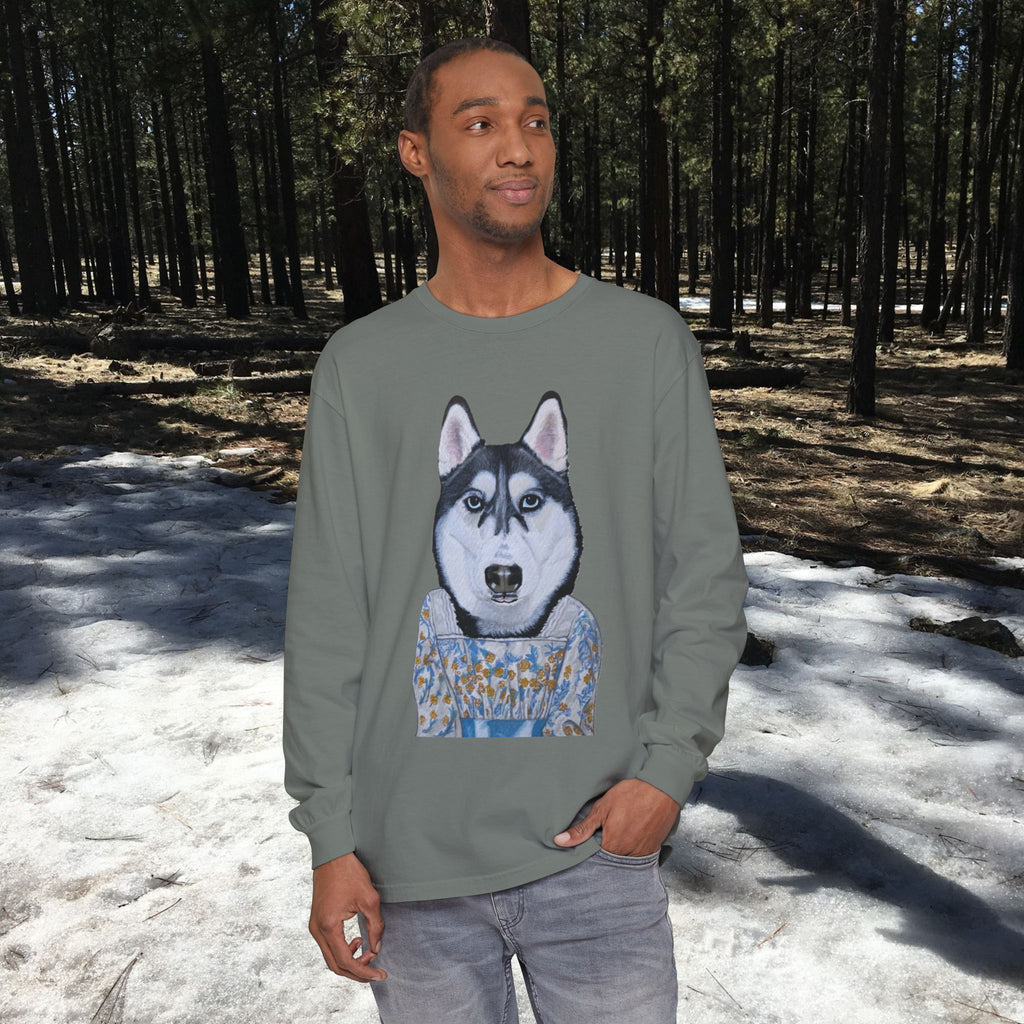 Husky Wearing Jane Austen Style Dress Long Sleeve T-Shirt, Animal Lover Gift, Dog-Themed Apparel, Casual Wear, Winter Fashion