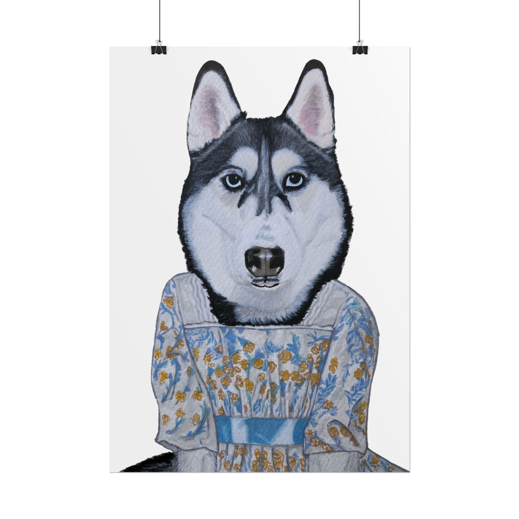 Funny Husky Wearing Jane Austen Style Regency Era-Inspired Dress Wall Poster - White Background