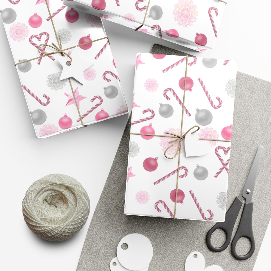 Shimmery White and Pink Christmas Wrapping Paper in Satin or Matte