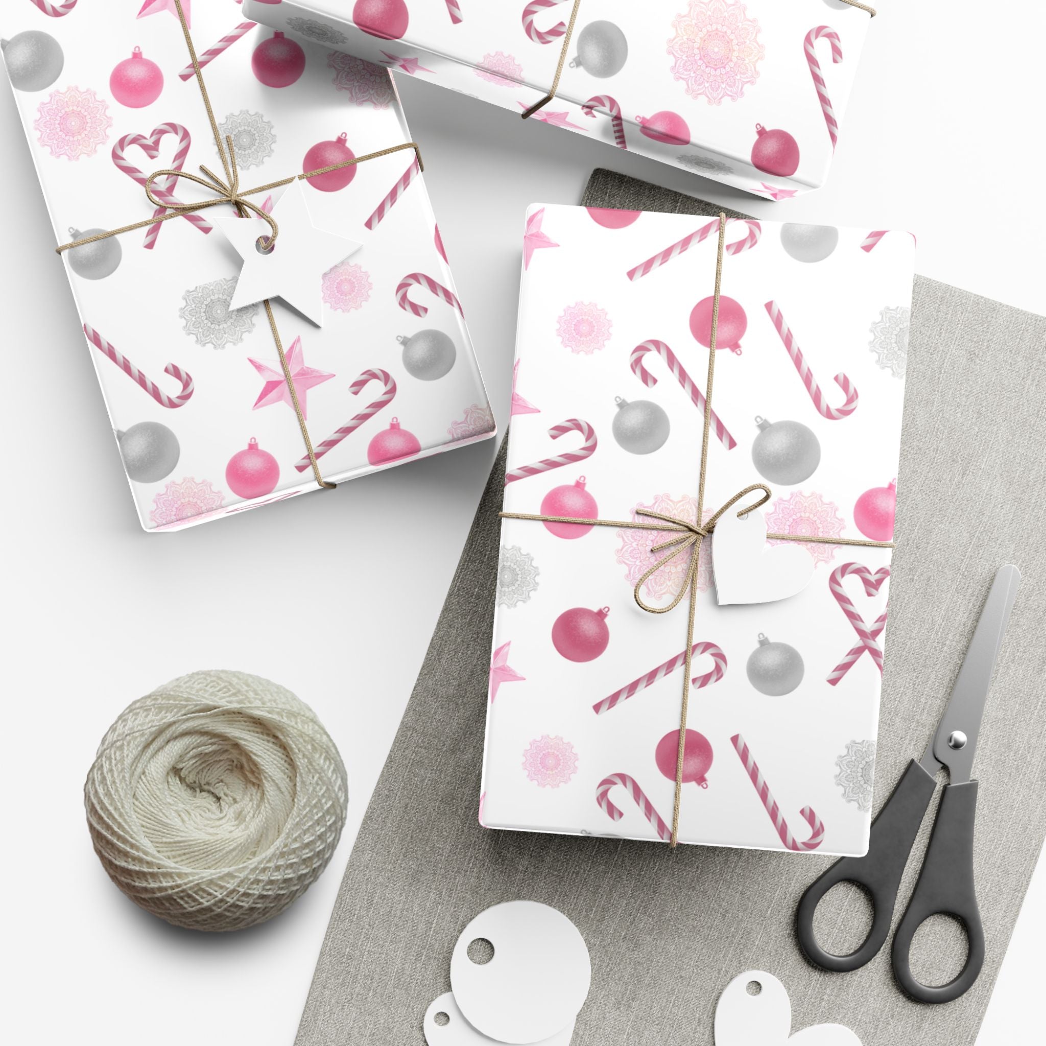 Shimmery White and Pink Christmas Wrapping Paper in Satin or Matte