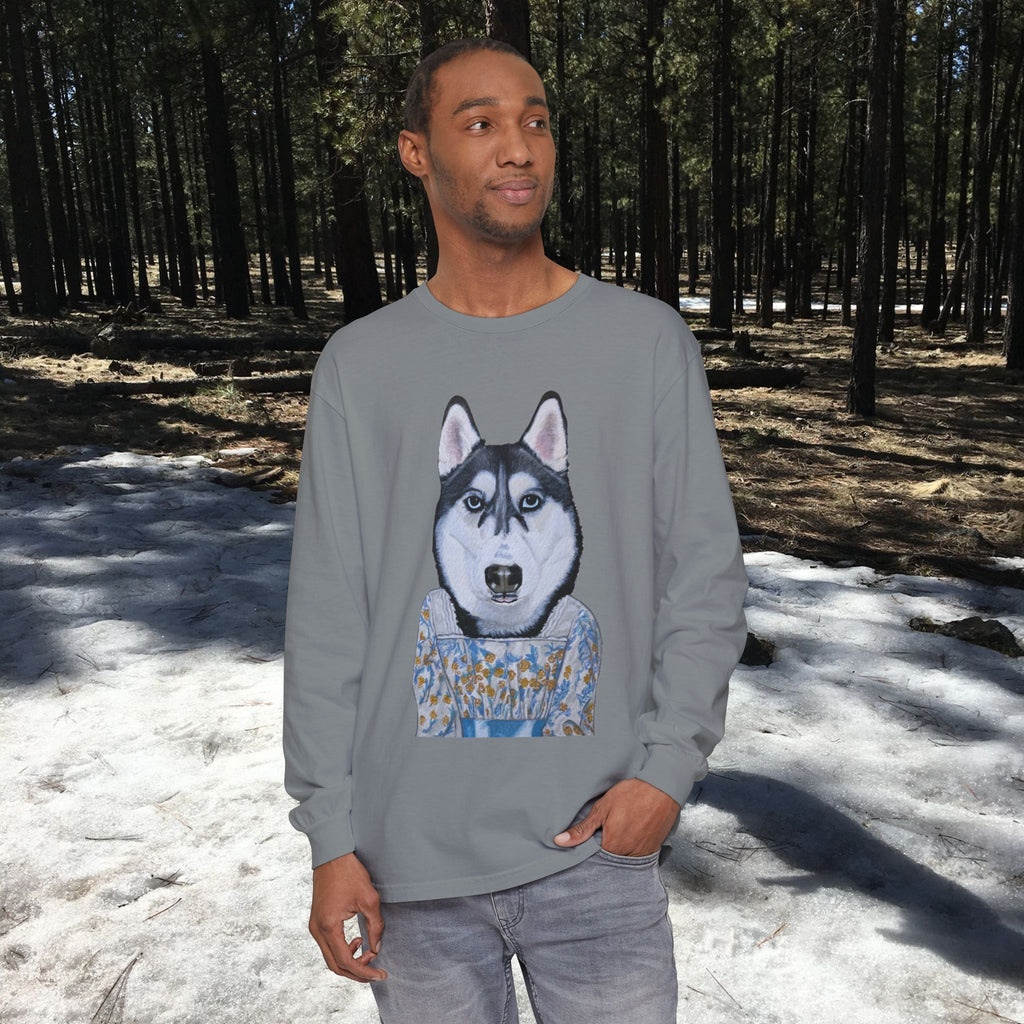 Husky Wearing Jane Austen Style Dress Long Sleeve T-Shirt, Animal Lover Gift, Dog-Themed Apparel, Casual Wear, Winter Fashion