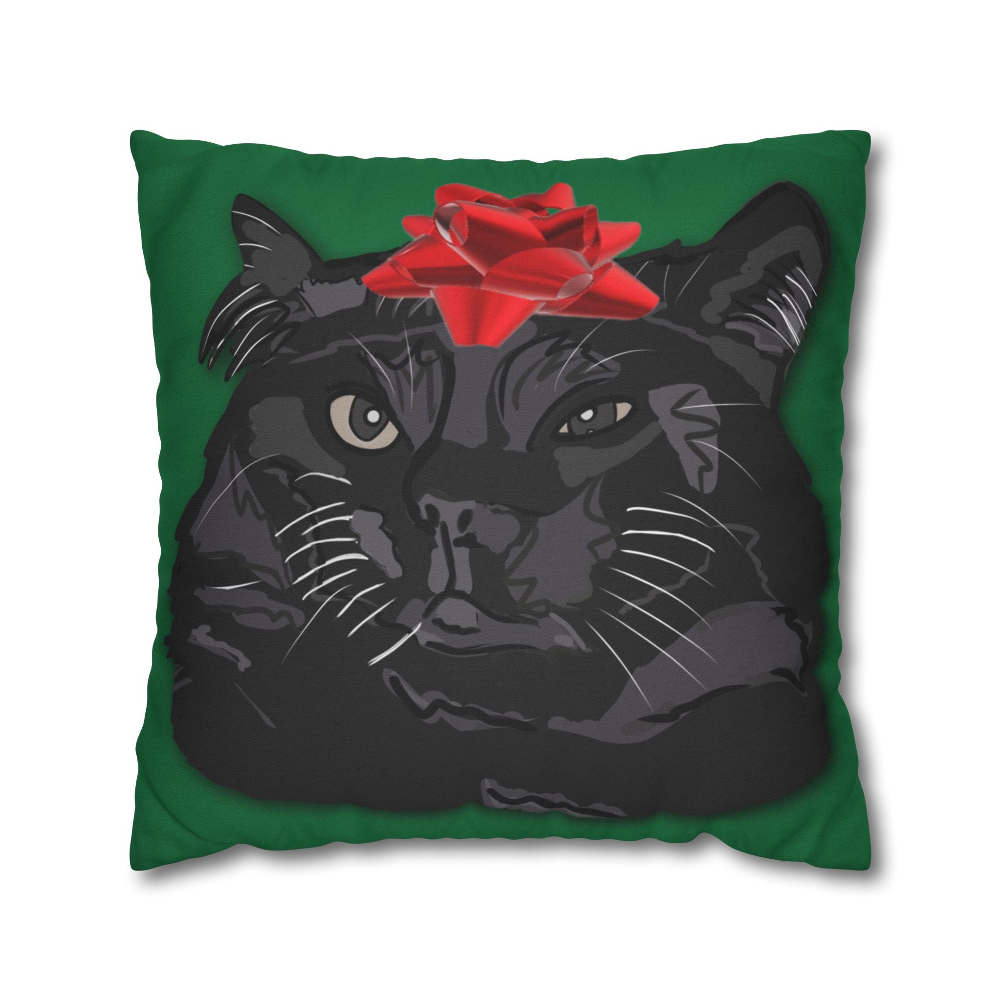 Black Cat with Red Bow Pillowcase - Green Background | Spun Polyester Square Pillowcase