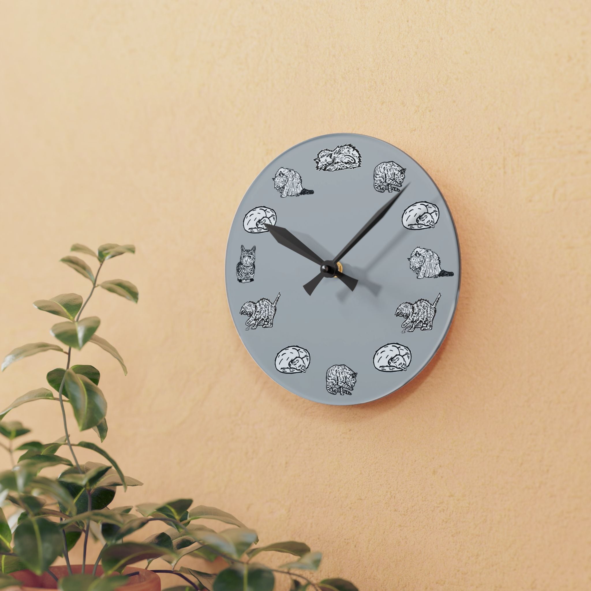 Gray Cat Wall Clock, Whimsical Nursery Decor, Acrylic Clock