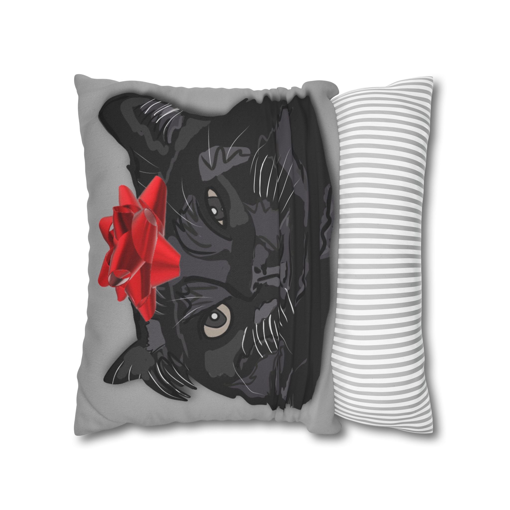 Black Cat with Red Bow Pillowcase - Gray Background | Spun Polyester Square Pillowcase