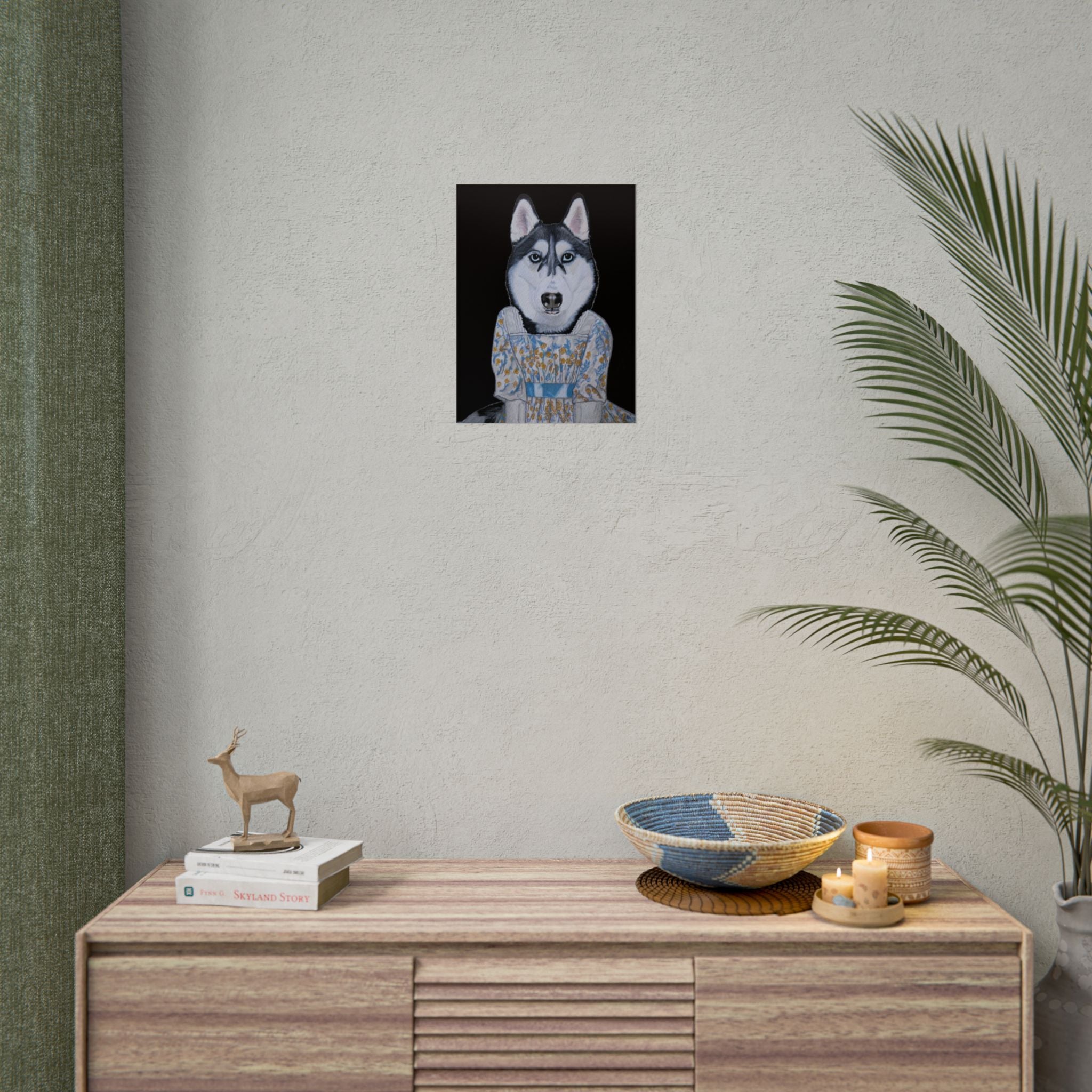 Funny Husky Wearing Jane Austen Style Regency Era-Inspired Dress Wall Poster - Black Background