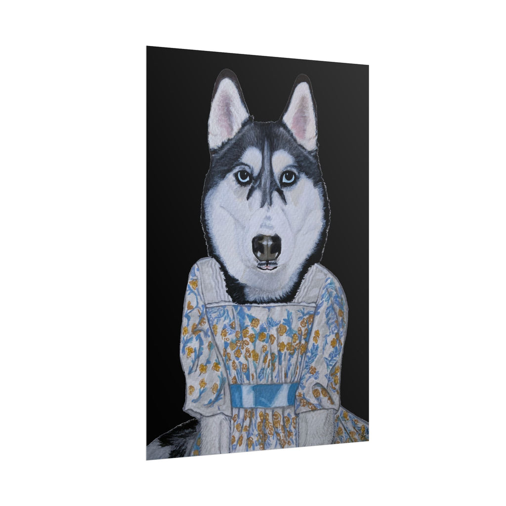 Funny Husky Wearing Jane Austen Style Regency Era-Inspired Dress Wall Poster - Black Background