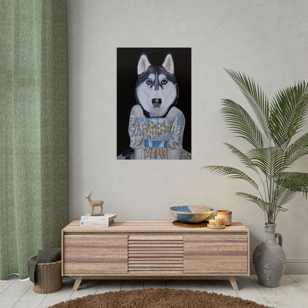 Funny Husky Wearing Jane Austen Style Regency Era-Inspired Dress Wall Poster - Black Background