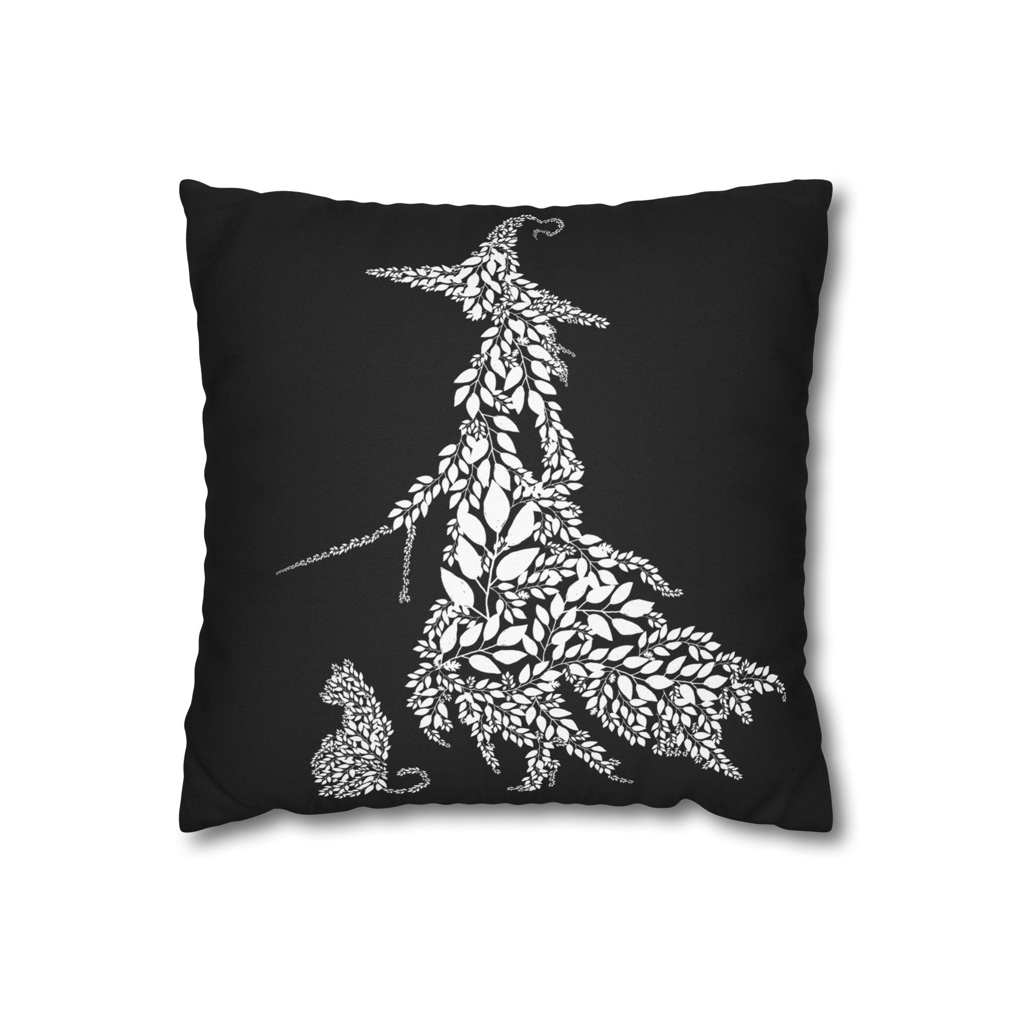 Botanical Witch & Cat Pillow: Black and White Faux Suede Decor