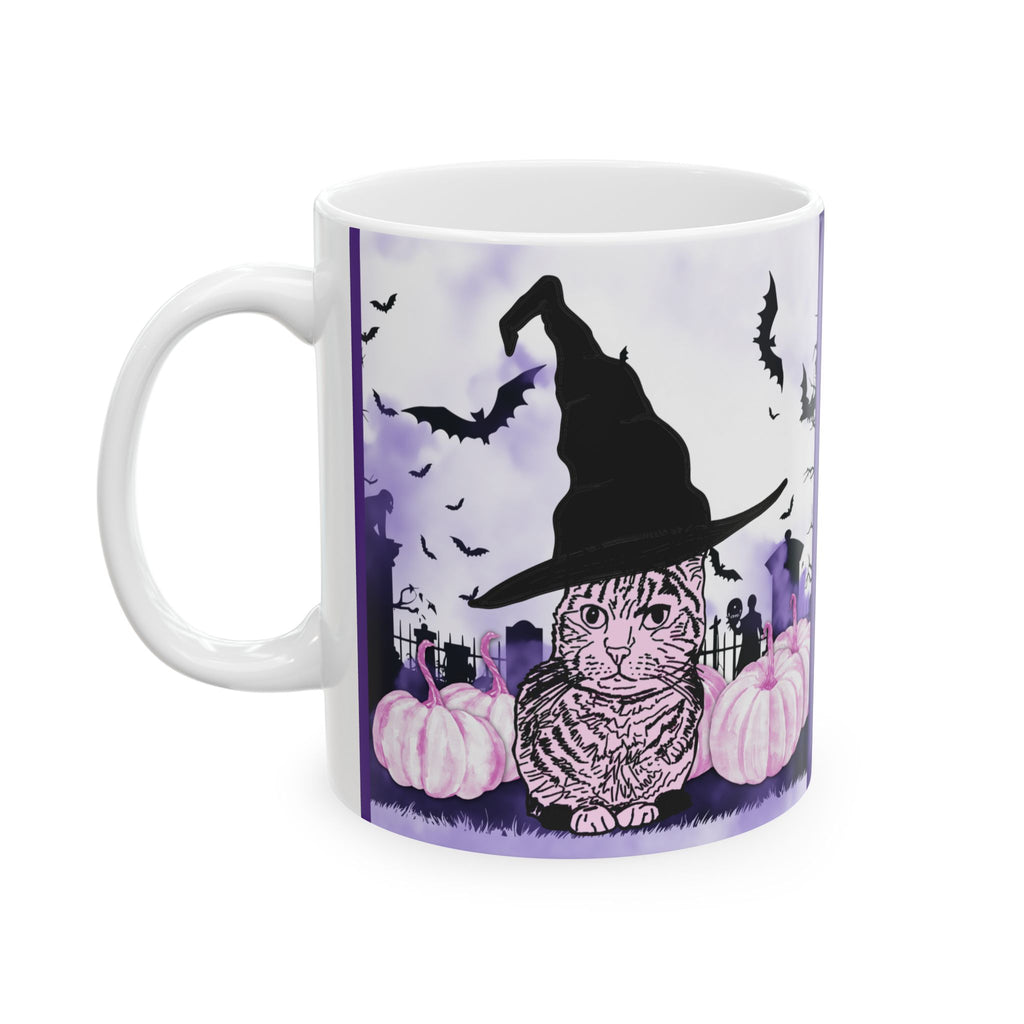 Cute and Spooky Cat Witch Halloween Ceramic Mug - Pink and Purple