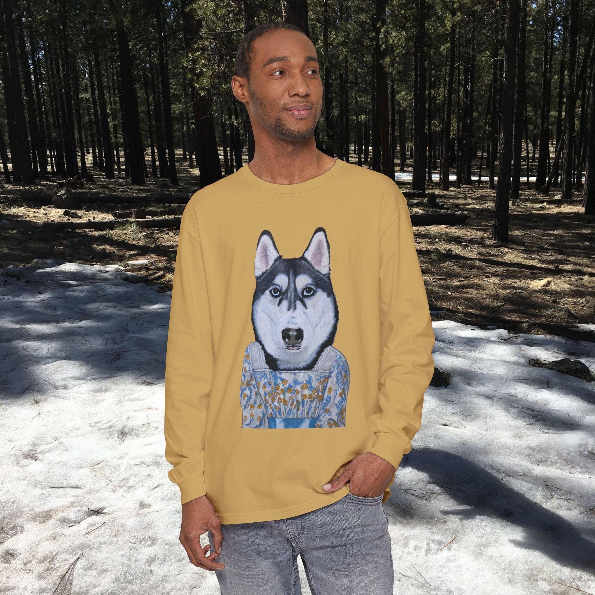 Husky Wearing Jane Austen Style Dress Long Sleeve T-Shirt, Animal Lover Gift, Dog-Themed Apparel, Casual Wear, Winter Fashion