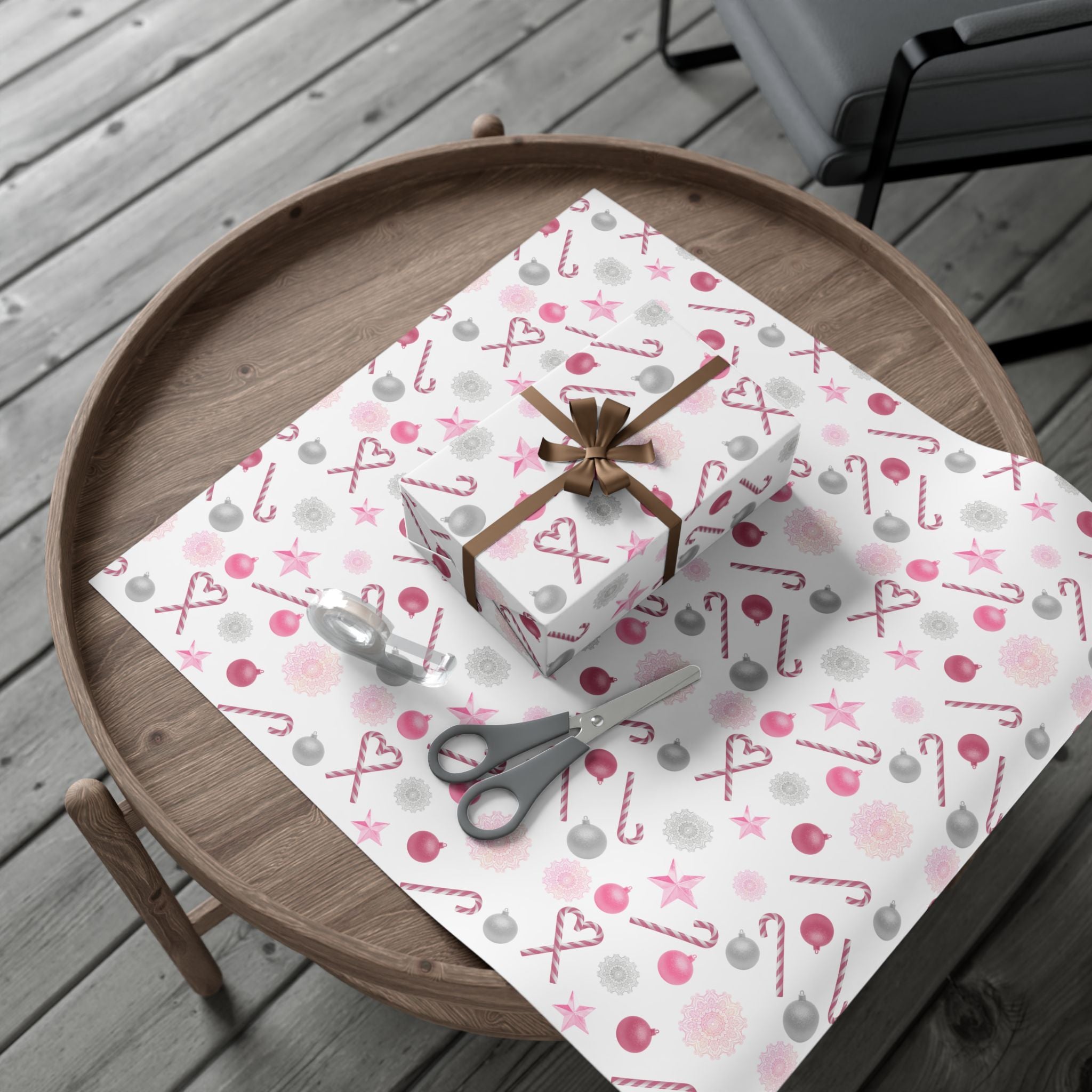 Shimmery White and Pink Christmas Wrapping Paper in Satin or Matte