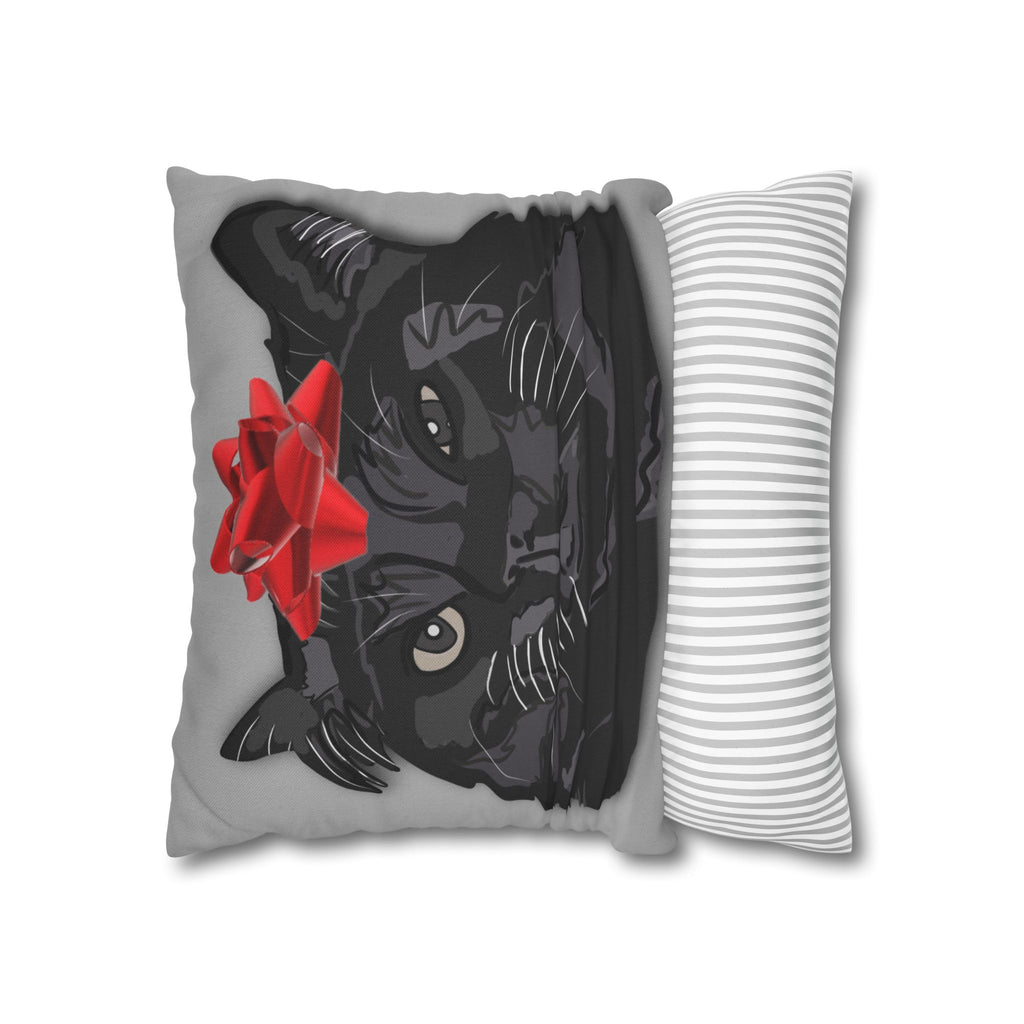 Black Cat with Red Bow Pillowcase - Gray Background | Spun Polyester Square Pillowcase