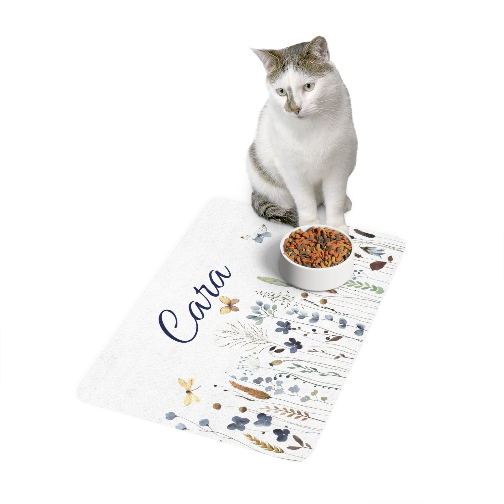 Personalized Floral Pet Food Mat (12x18) – Custom Name Dog & Cat Feeding Placemat