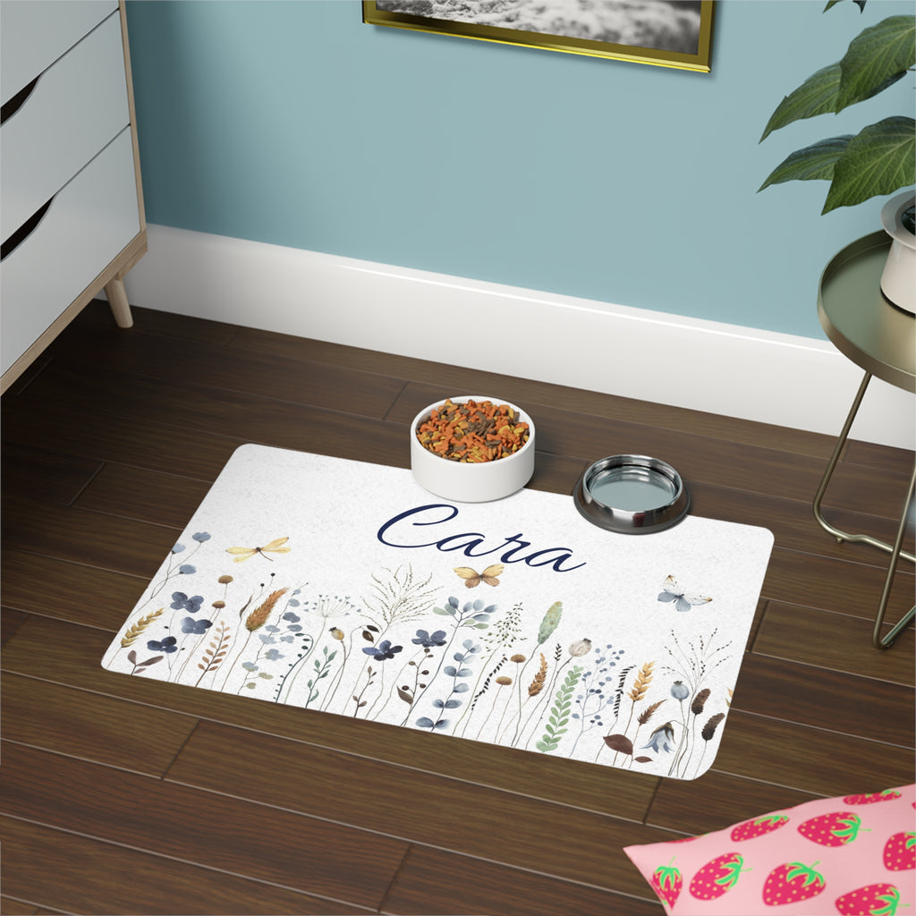 Personalized Floral Pet Food Mat (12x18) – Custom Name Dog & Cat Feeding Placemat