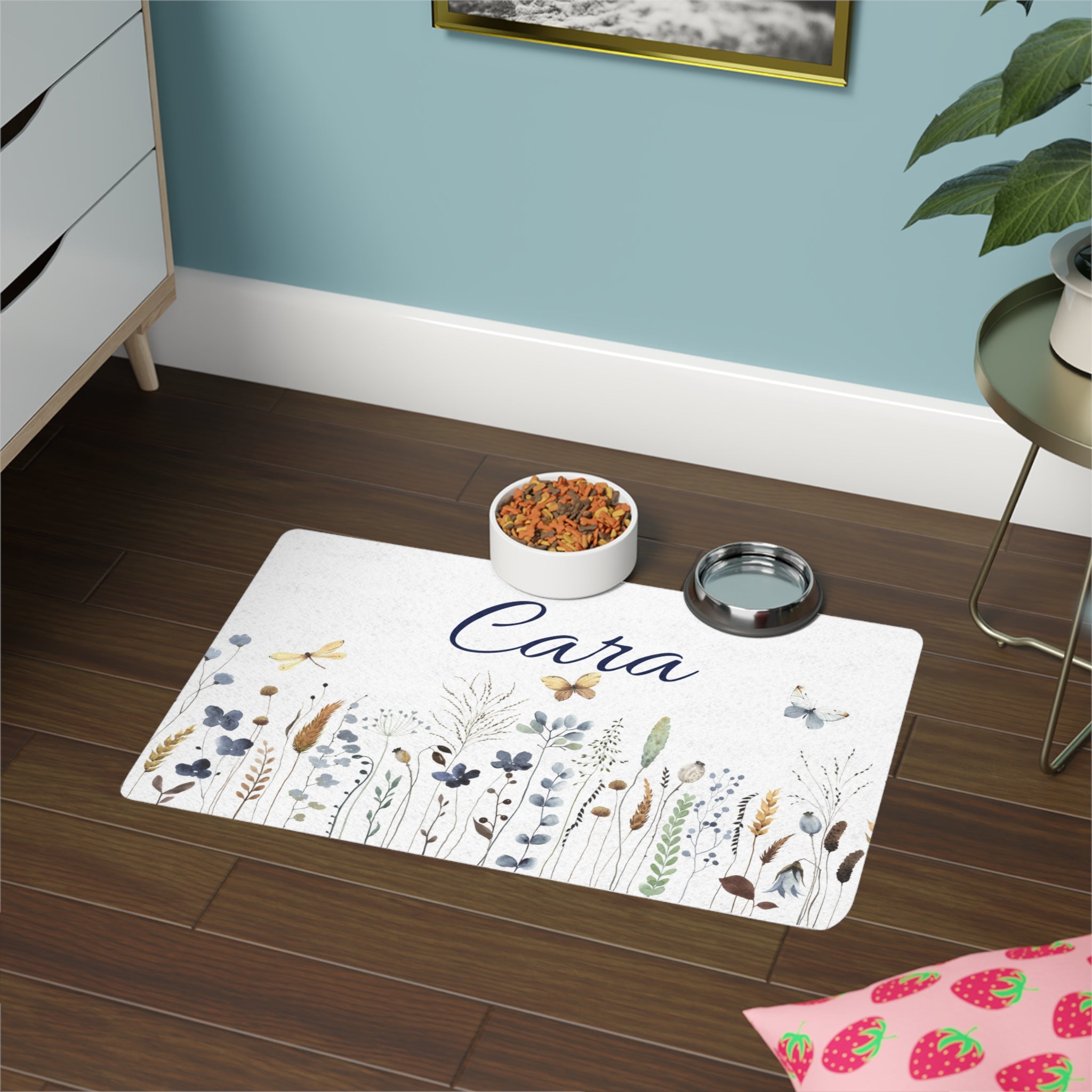 Personalized Floral Pet Food Mat (12x18) – Custom Name Dog & Cat Feeding Placemat