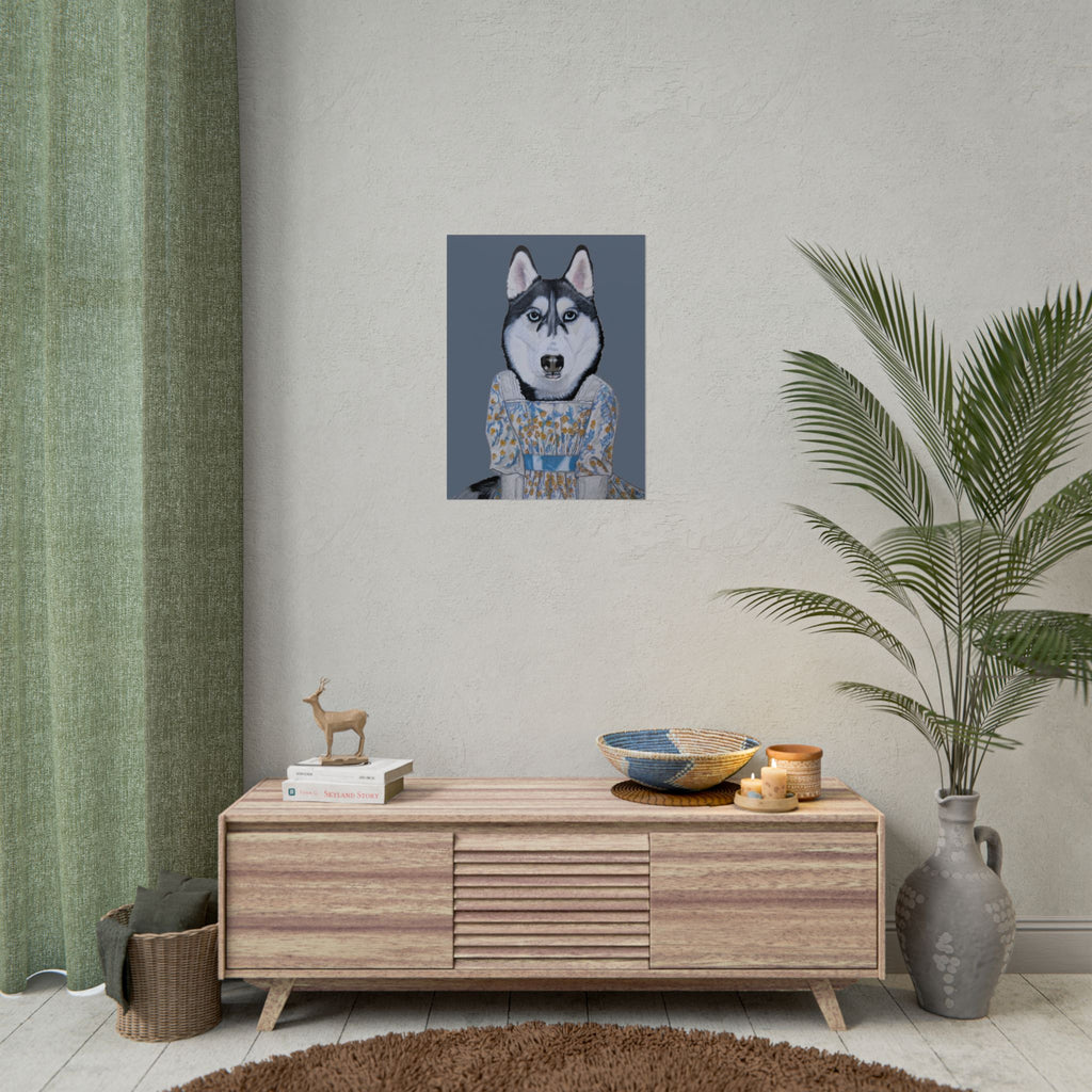 Funny Husky Wearing Jane Austen Style Regency Era-Inspired Dress Wall Poster - Dark Gray Background