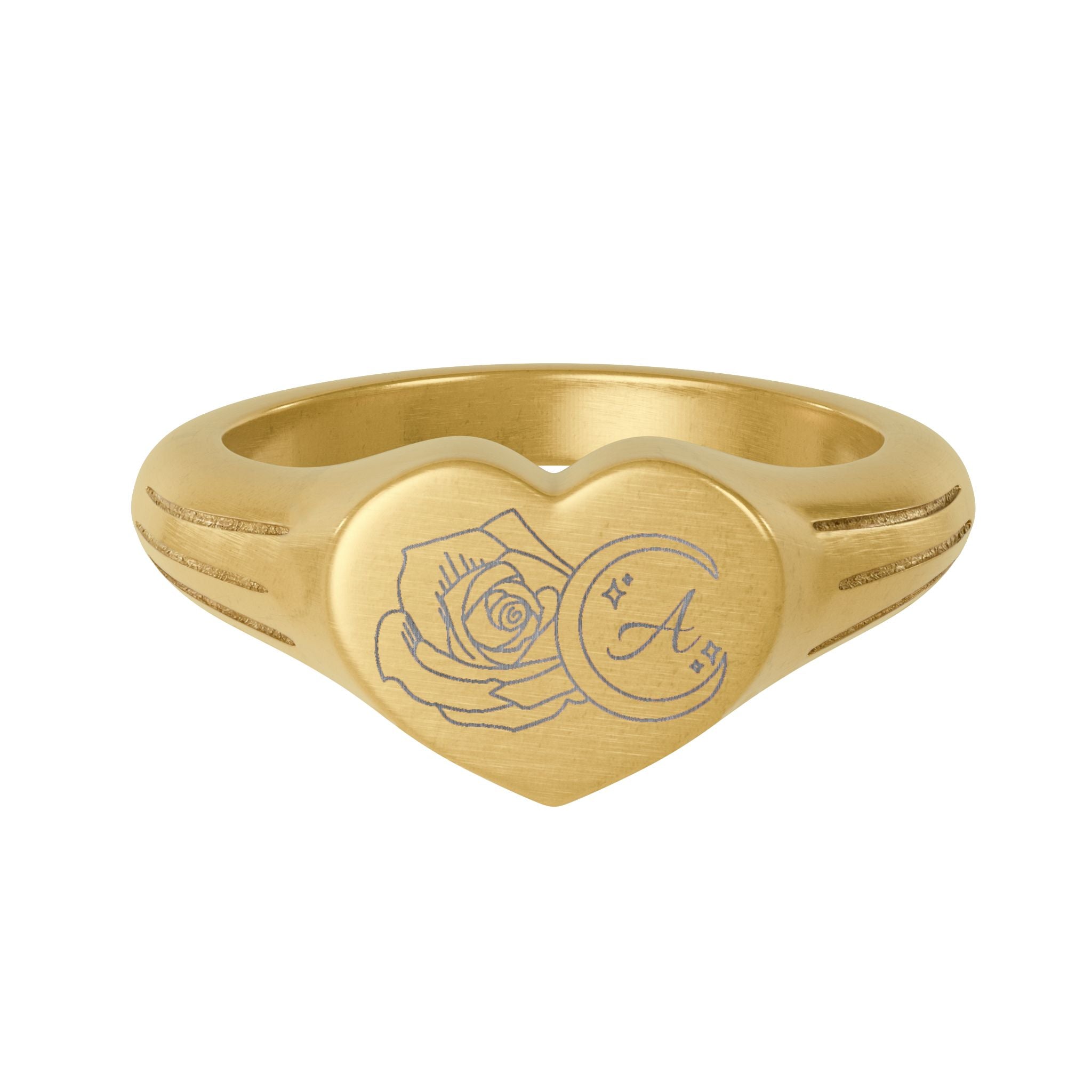 Gold Heart Signet Ring — Engraved Rose, Moon & Initial Stainless Steel