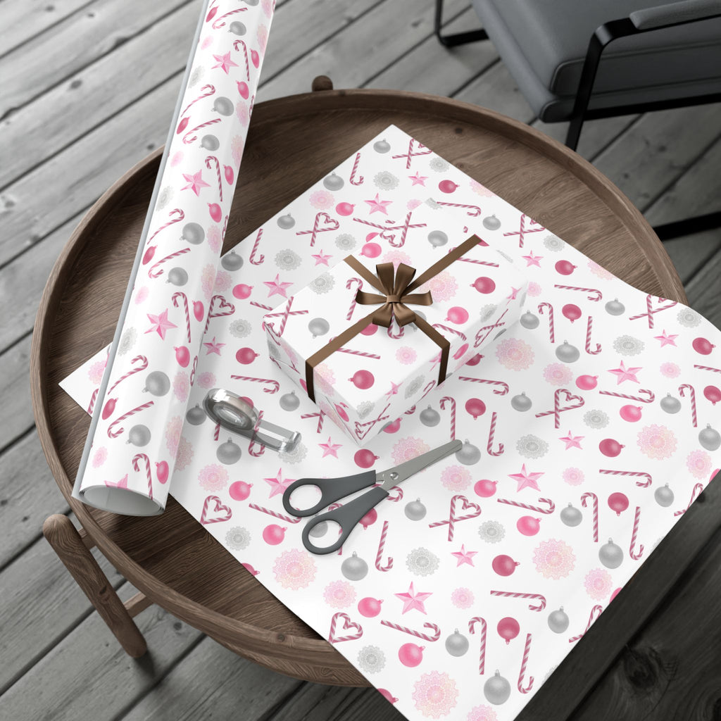 Shimmery White and Pink Christmas Wrapping Paper in Satin or Matte