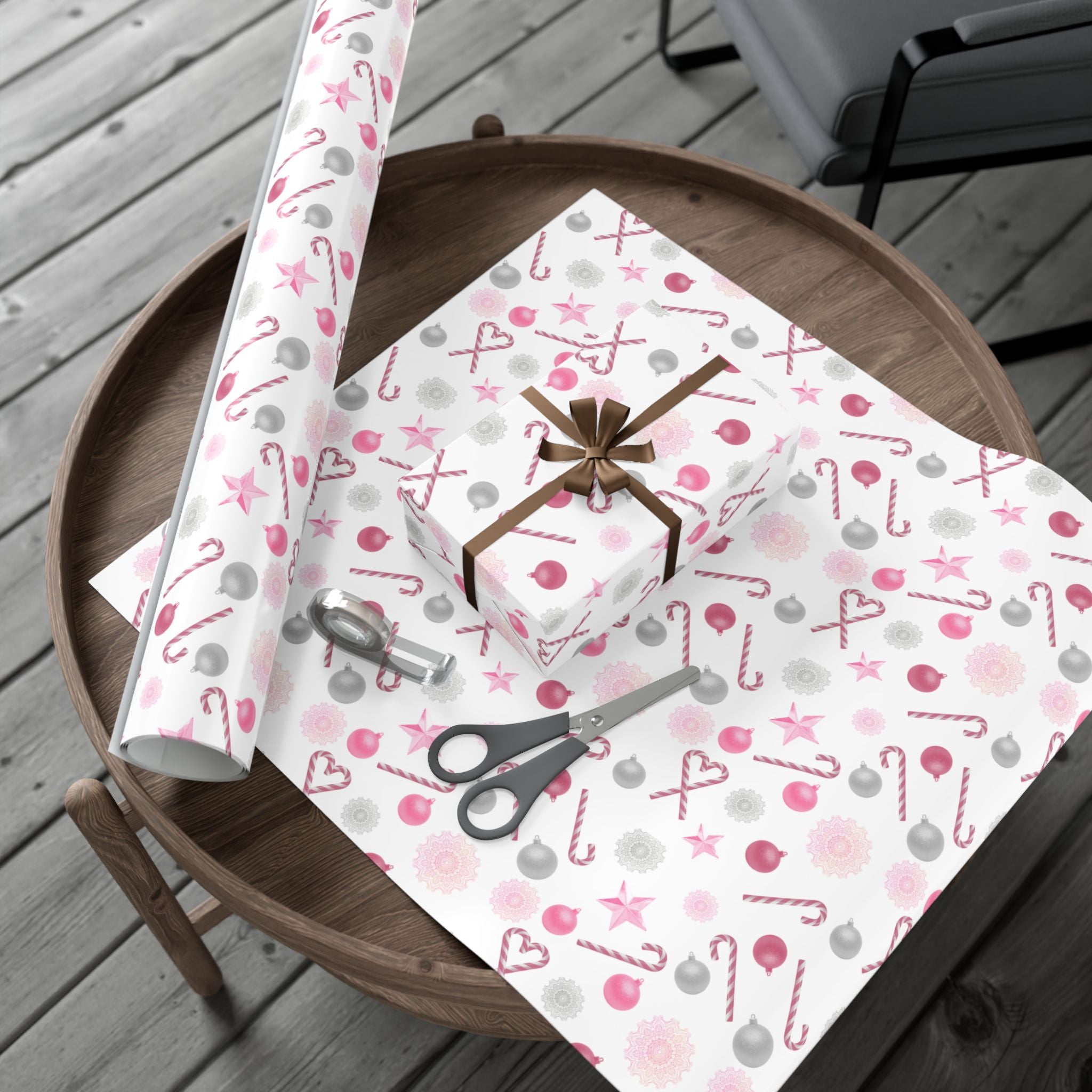 Shimmery White and Pink Christmas Wrapping Paper in Satin or Matte