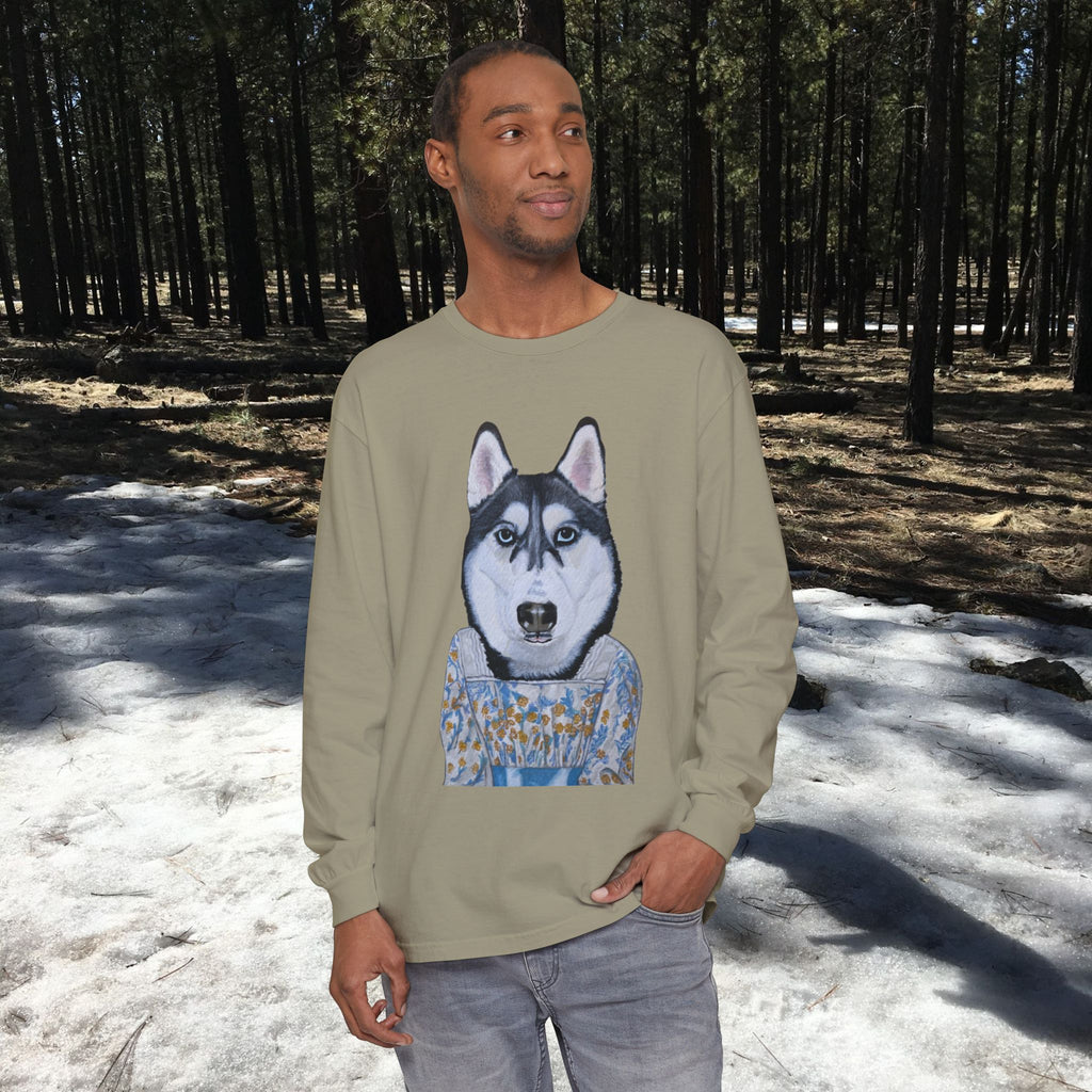 Husky Wearing Jane Austen Style Dress Long Sleeve T-Shirt, Animal Lover Gift, Dog-Themed Apparel, Casual Wear, Winter Fashion