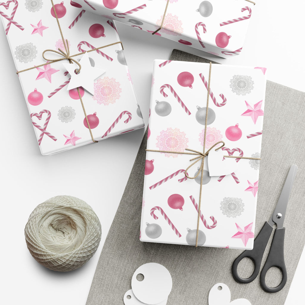 Shimmery White and Pink Christmas Wrapping Paper in Satin or Matte