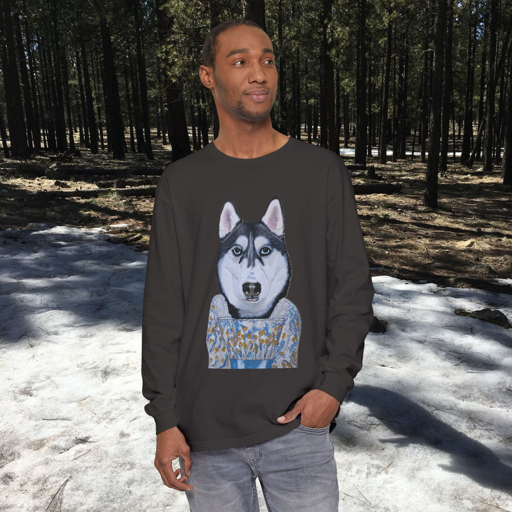 Husky Wearing Jane Austen Style Dress Long Sleeve T-Shirt, Animal Lover Gift, Dog-Themed Apparel, Casual Wear, Winter Fashion