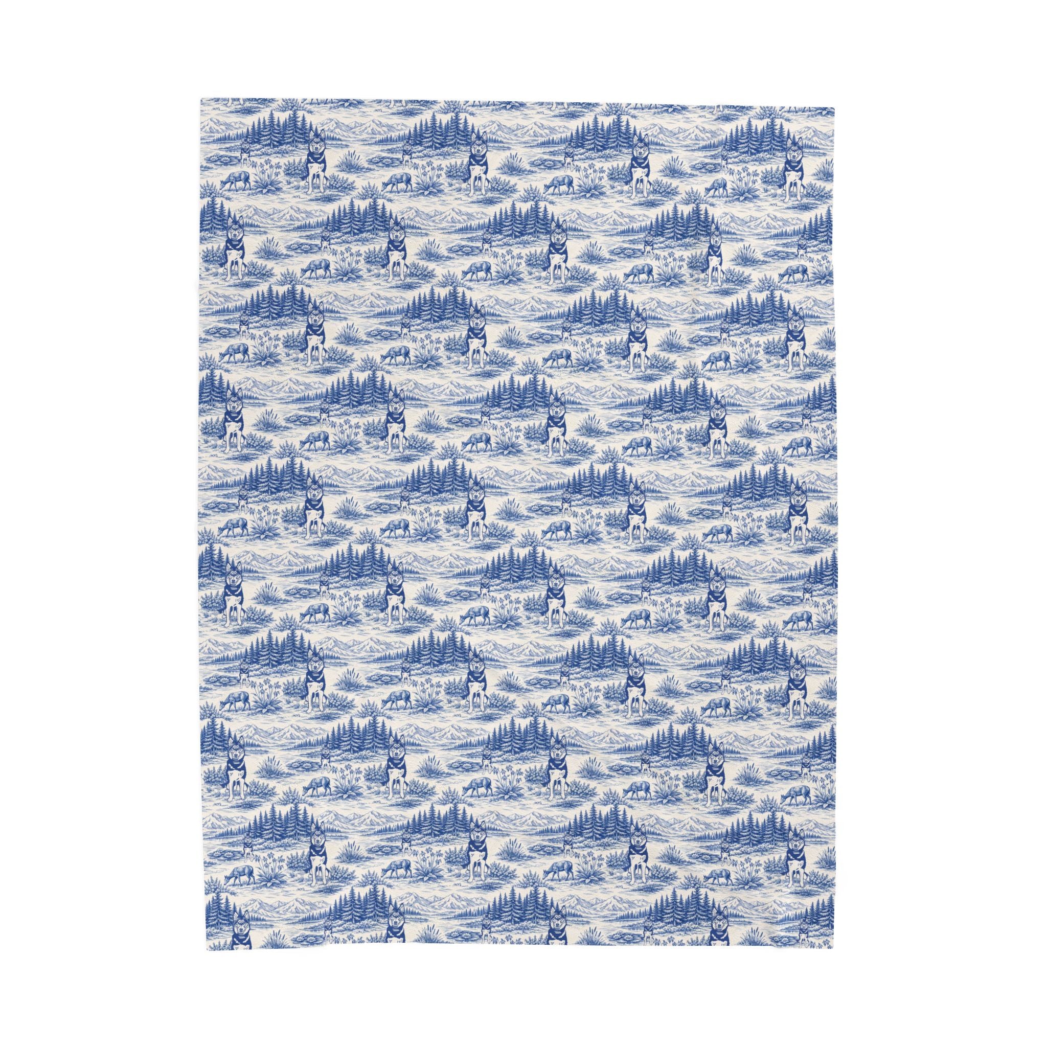 Husky Toile Wilderness Landscape Blanket | Blue Scenic Velveteen Plush Blanket