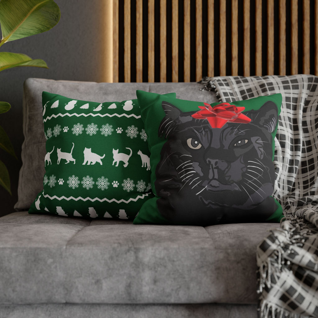 Black Cat with Red Bow Pillowcase - Green Background | Spun Polyester Square Pillowcase