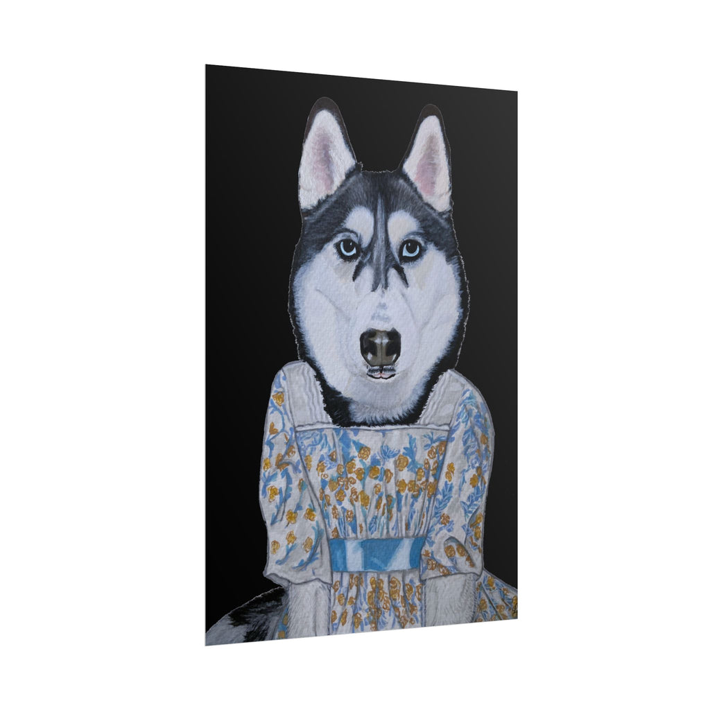 Funny Husky Wearing Jane Austen Style Regency Era-Inspired Dress Wall Poster - Black Background