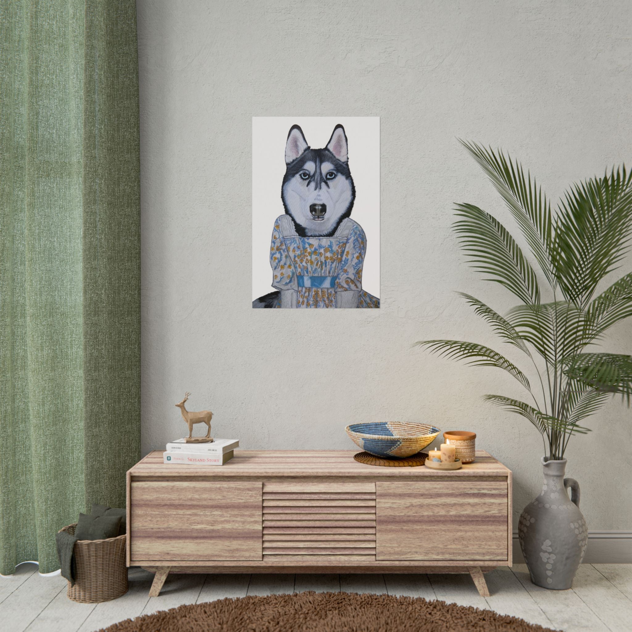 Funny Husky Wearing Jane Austen Style Regency Era-Inspired Dress Wall Poster - White Background