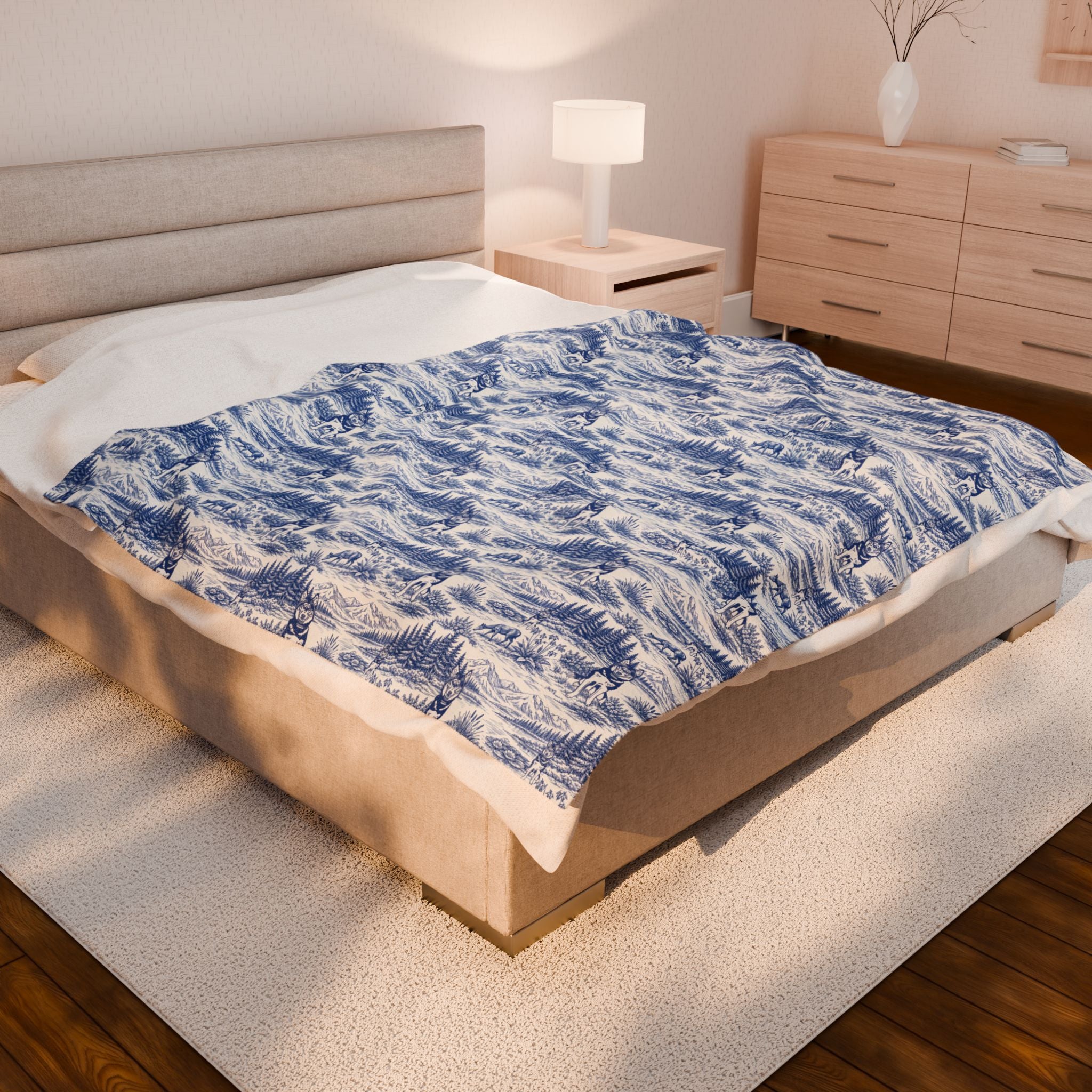Husky Toile Wilderness Landscape Blanket | Blue Scenic Velveteen Plush Blanket