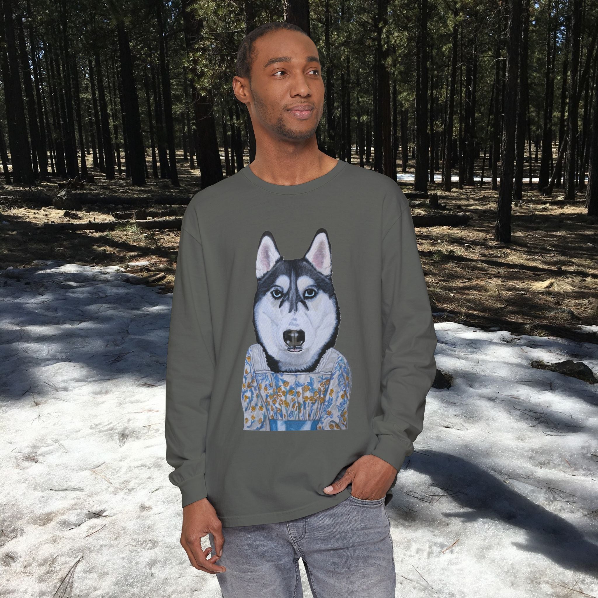 Husky Wearing Jane Austen Style Dress Long Sleeve T-Shirt, Animal Lover Gift, Dog-Themed Apparel, Casual Wear, Winter Fashion