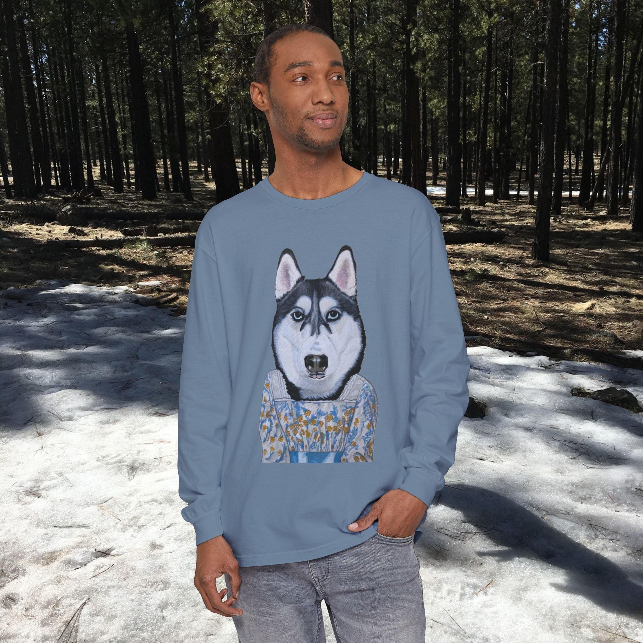 Husky Wearing Jane Austen Style Dress Long Sleeve T-Shirt, Animal Lover Gift, Dog-Themed Apparel, Casual Wear, Winter Fashion